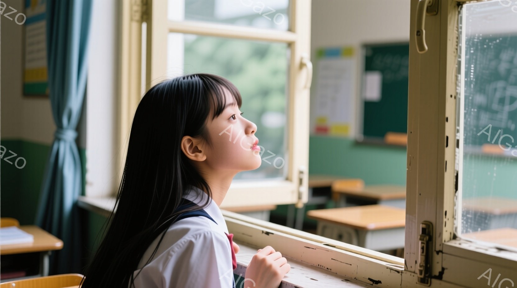 長い黒髪の女子学生が、教室の窓際に立って外を見つめている。紺色のリボンと白のブラウス、制服の上着を着ており、少し憂いを帯びた表情をしている。窓の外は雨が降っており、教室は木製の机と椅子が並び、落ち着いた雰囲気である。