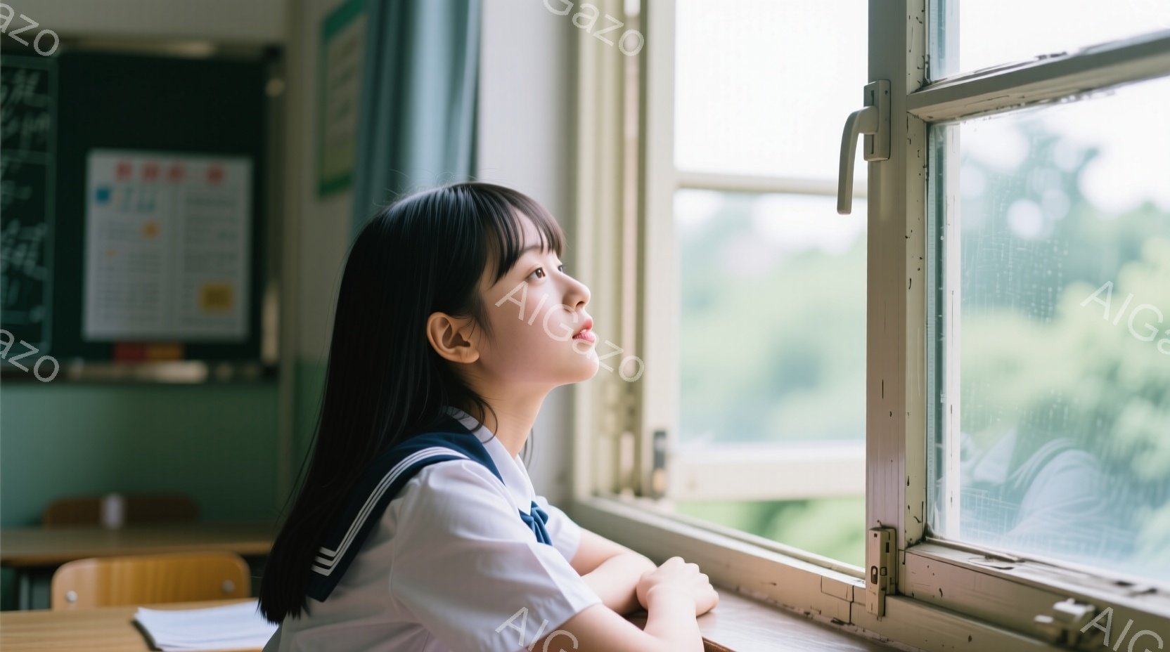 制服を着た少女が教室の窓際に立っている。彼女は黒髪で、前髪が目にかかるように切り揃えられ、少し憂いを帯びた表情で外を見つめている。窓の外には緑豊かな風景が広がり、雨が降っている様子がうかがえる。 - AI生成フリー素材