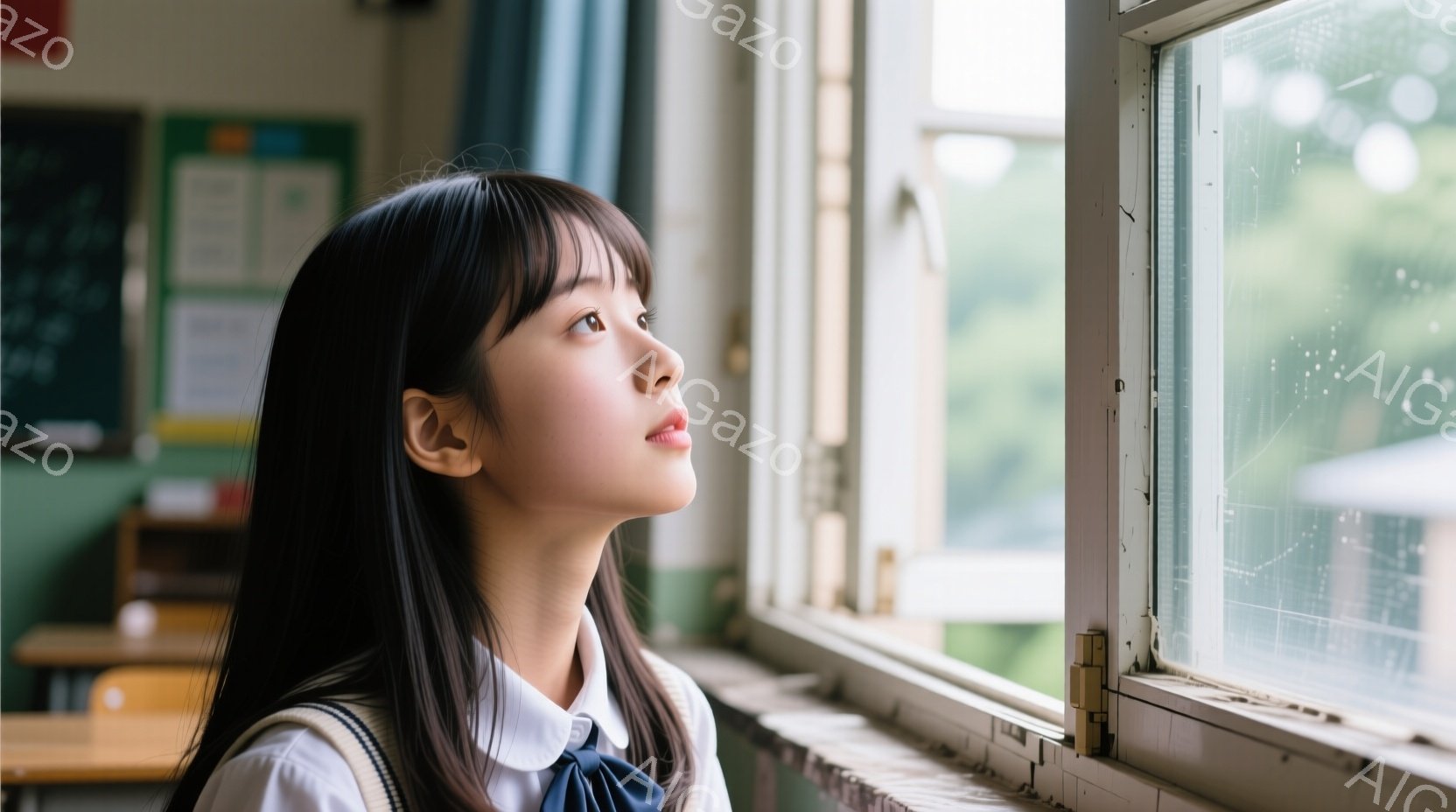 黒髪で前髪が眉毛にかかる少女が窓の外を見つめている。彼女は制服を着ており、少し物憂げな表情を浮かべている。背景には教室の机や椅子、そして緑豊かな木々が見え、穏やかで少し寂しげな雰囲気が漂っている。