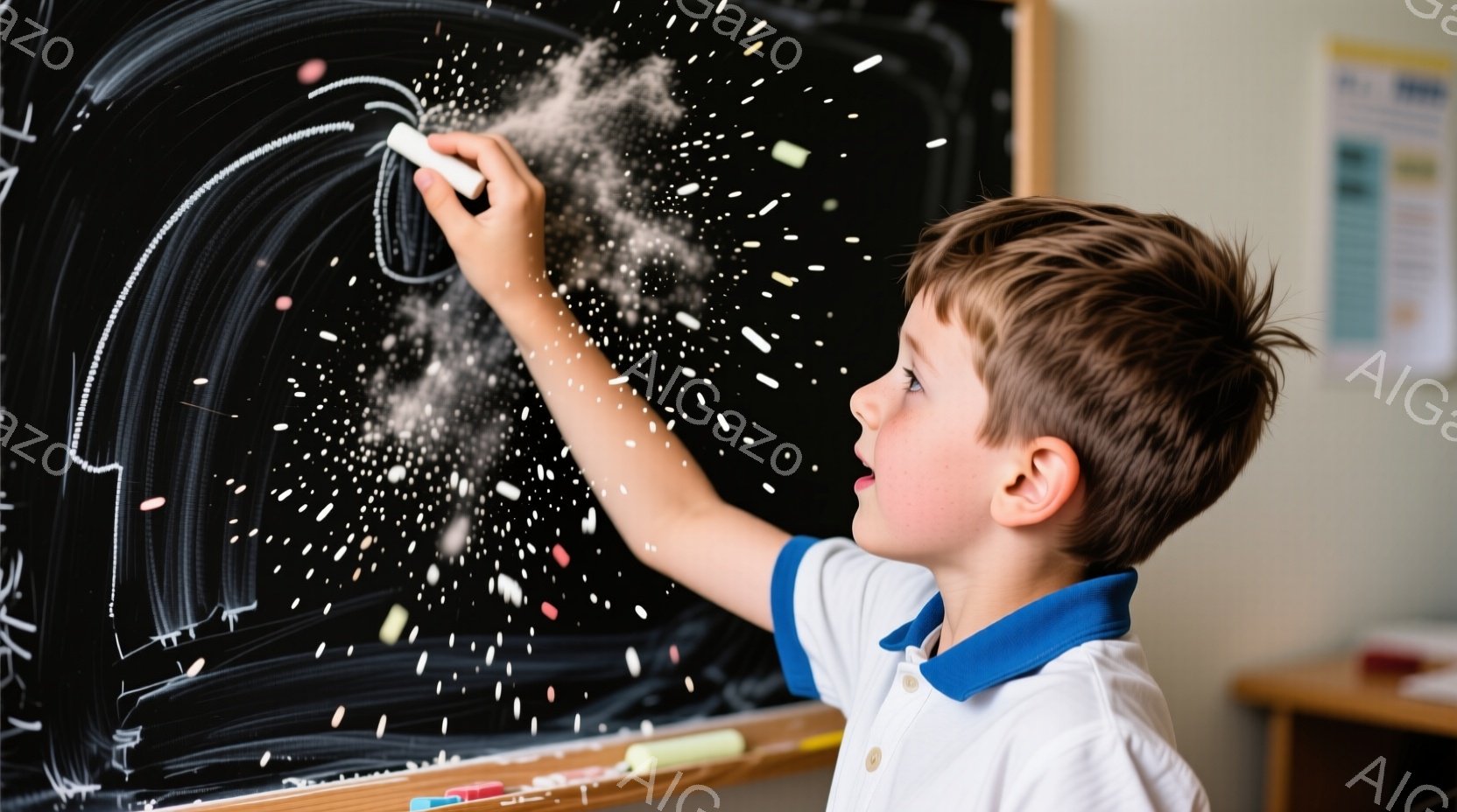 茶髪の少年が黒板に何かを描いている様子が写っている。青い襟と白いシャツを着ており、集中した表情でチョークを使って描いているため、チョークの粉が舞っている。背景には木製の机と壁があり、学校または教室のような雰囲気である。