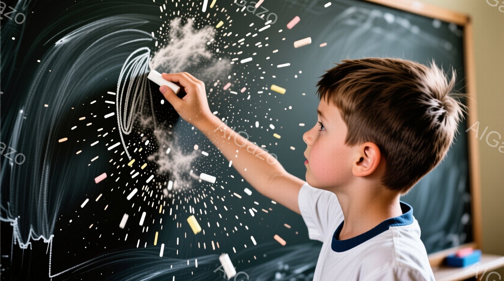 茶色の髪をした少年が黒板にチョークで何かを描いています。彼は青い襟の白いTシャツを着ており、集中した表情で腕を伸ばしてチョークを動かしています。背景は黒板で、チョークの粉が飛び散り、子供の創造性と活気に満ちた雰囲気を表しています。
