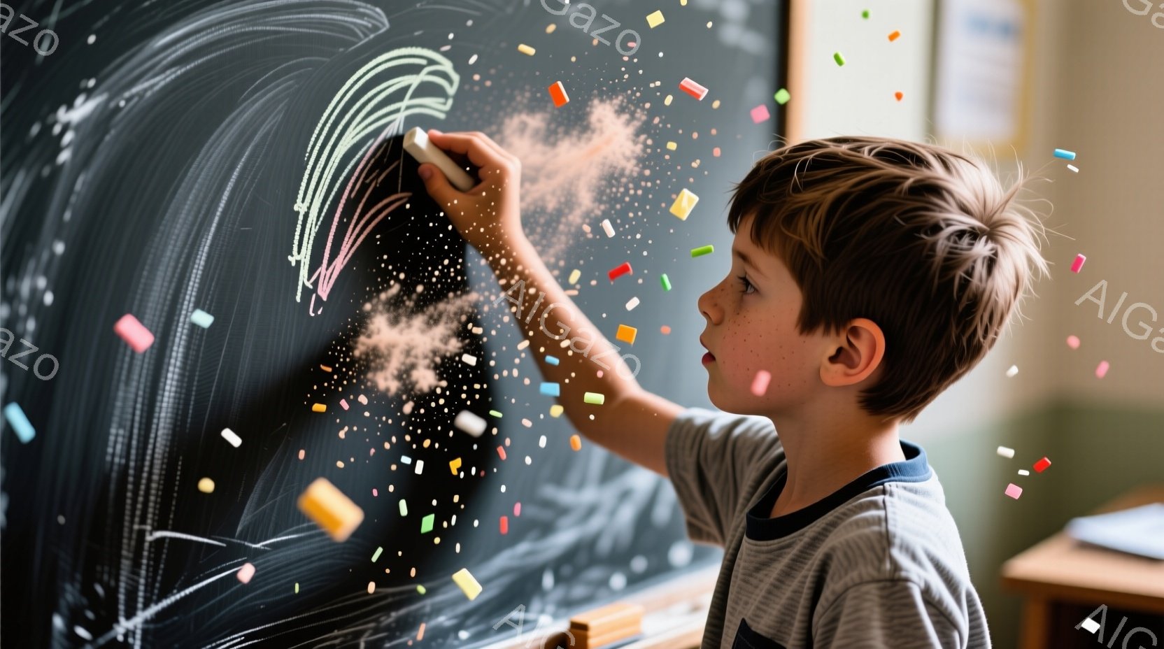 黒板の前で小さな男の子がチョークで何かを描いている様子が写っています。彼は灰色の縞模様のTシャツを着ており、茶色の短い髪をしています。黒板には、チョークの粉が舞い、カラフルなチョークのかけらが散らばっており、教室の一室であることがわかります。