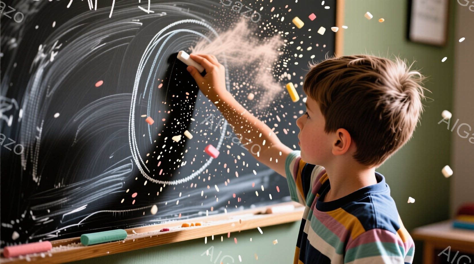 茶髪の少年が黒板の前でチョークを使って何かを描いている様子が写っています。少年はカラフルなストライプのシャツを着ており、集中した表情でチョークを動かしています。背景にはぼやけた机が見え、チョークの粉が舞い上がっている様子から、活気のある教室の雰囲気が伝わってきます。