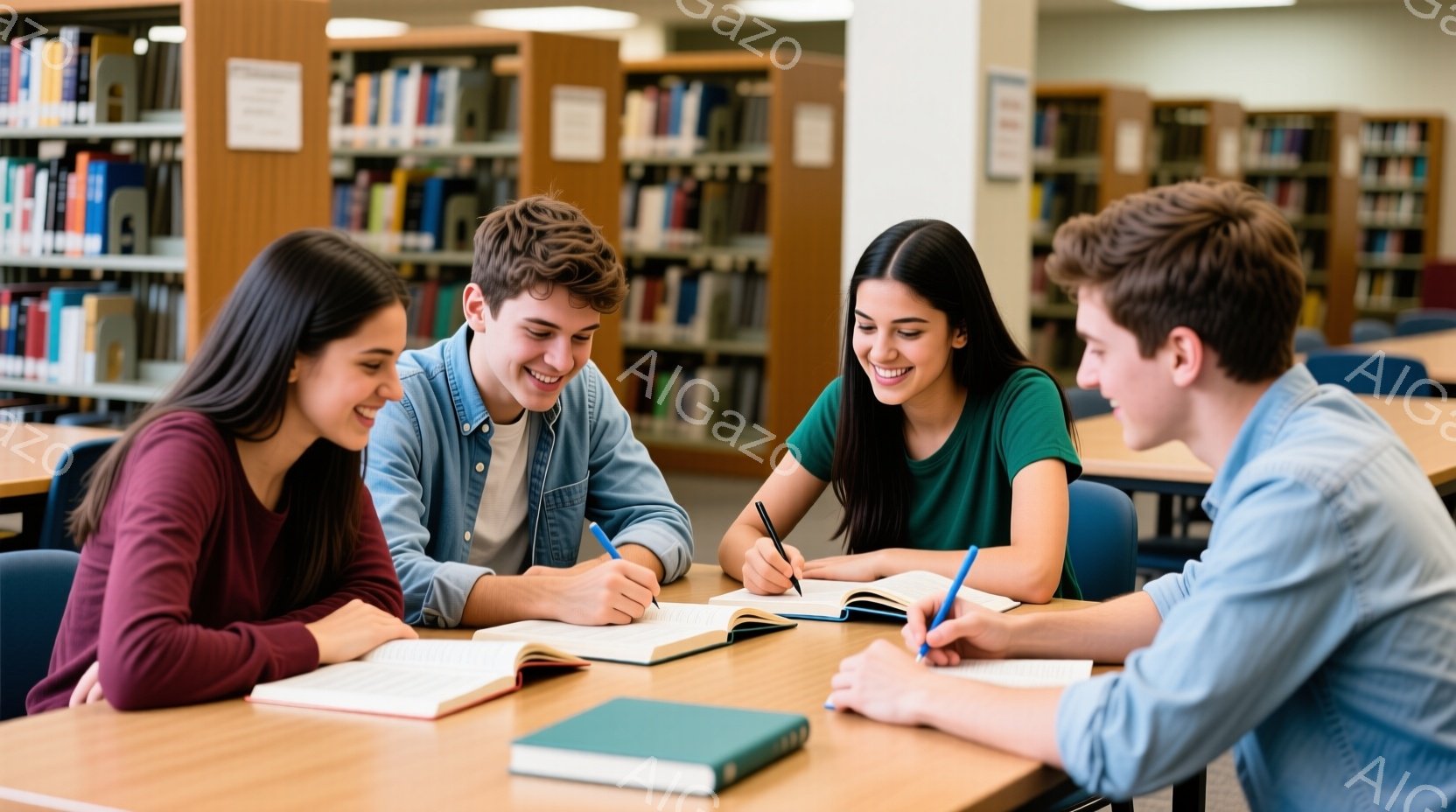 図書館で四人の学生がテーブルを囲み、本を開いて勉強している様子が写っている。二人の女性はそれぞれ赤紫と緑の長袖シャツを着ており、笑顔で互いに見つめ合っている。二人の男性はデニムシャツを着ており、本に目を落としたり、ペンで書き込みをしたりしている様子から、真剣に学習に取り組んでいることがわかる。
