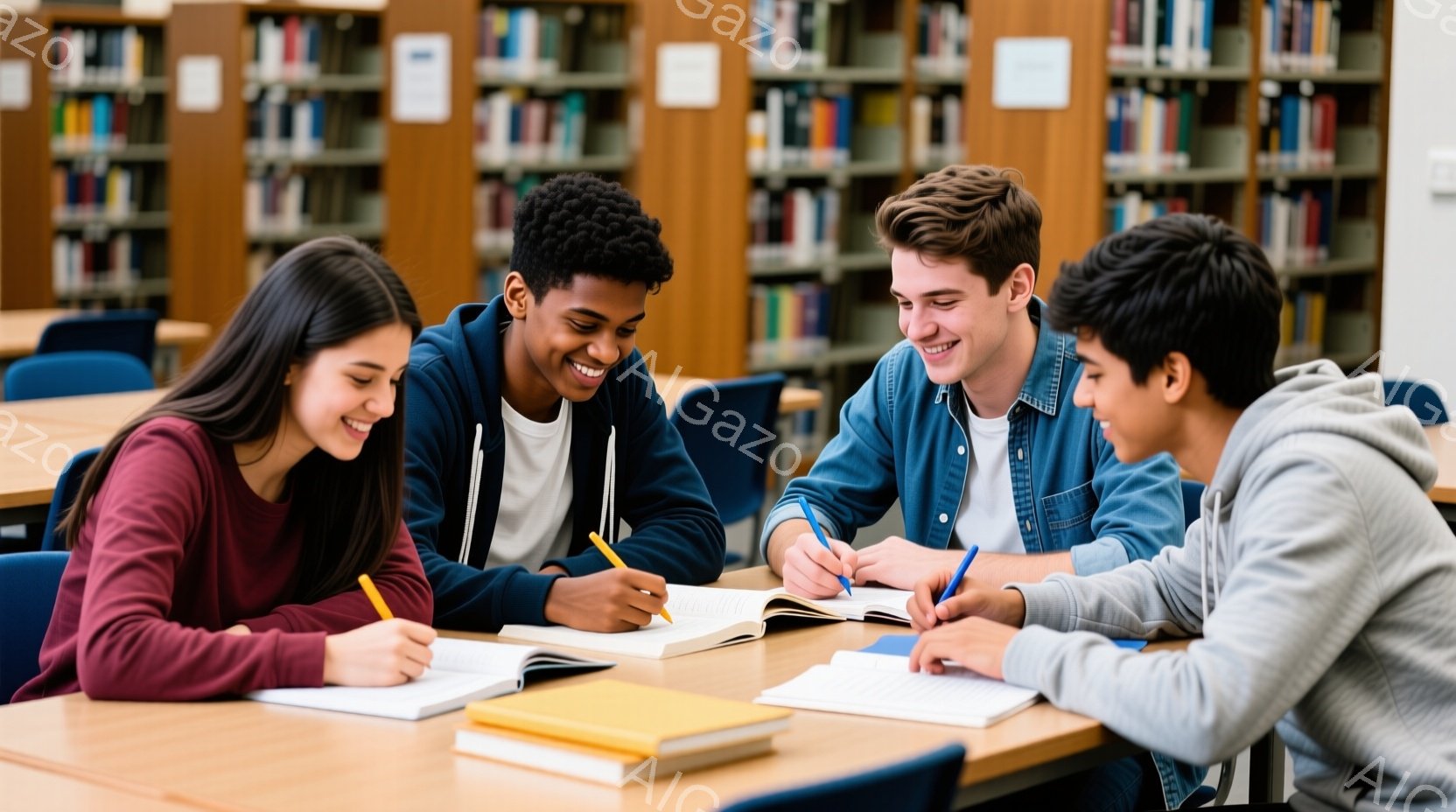 図書館で4人の学生が机を囲んで勉強している様子が写っている。彼らは皆、ノートとペンを持ち、楽しそうに会話をしながら課題に取り組んでいる。背景には整然と並んだ本棚が立ち並び、明るく学習に集中できる雰囲気 - AI生成フリー素材