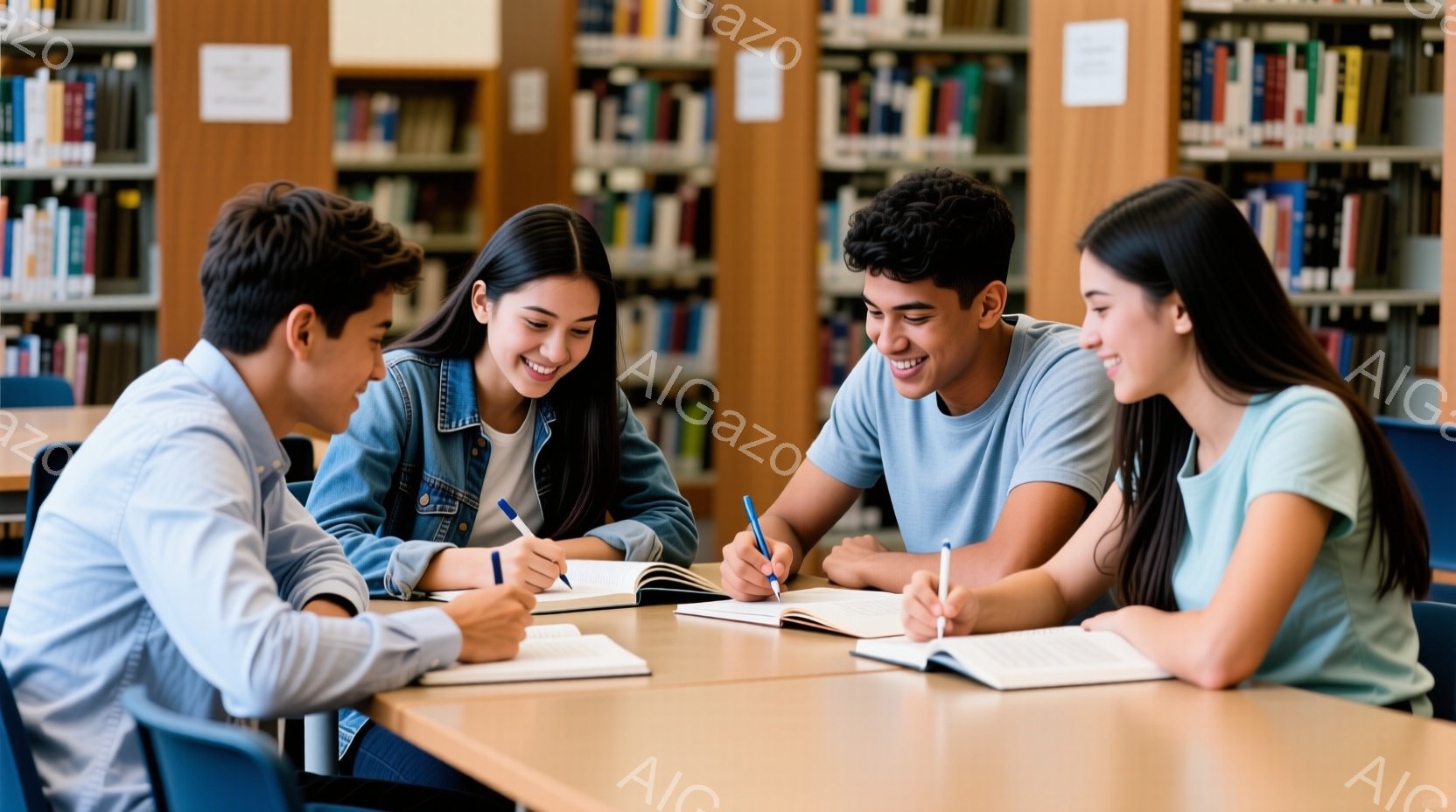 図書館で四人の学生が机を囲み、本を開いて勉強している様子が写っている。彼らは皆、カジュアルな服装で、笑顔を浮かべながら筆記に集中しており、リラックスした雰囲気である。背景には、本棚が並び、落ち着いた学習環境であることがわかる。