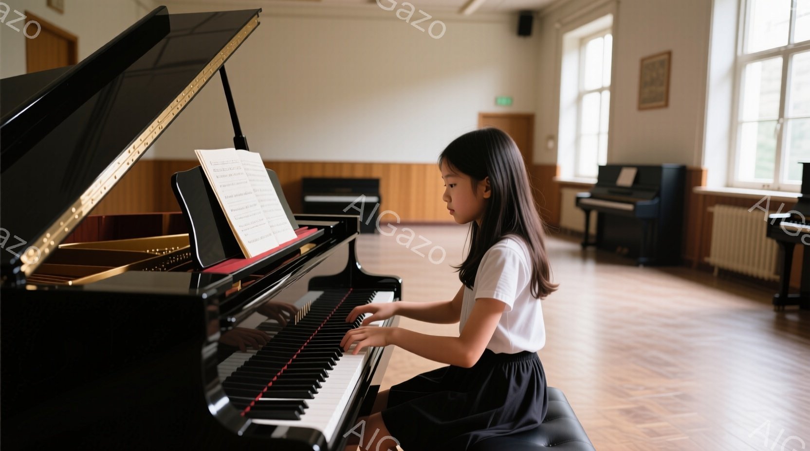 少女がピアノを弾いています。彼女は白いTシャツと黒いスカートを着ており、髪は後ろで一つに結ばれています。背景には他のピアノがいくつか見え、広い部屋の木製の床と窓から自然光が差し込んでおり、落ち着いた雰囲気です。