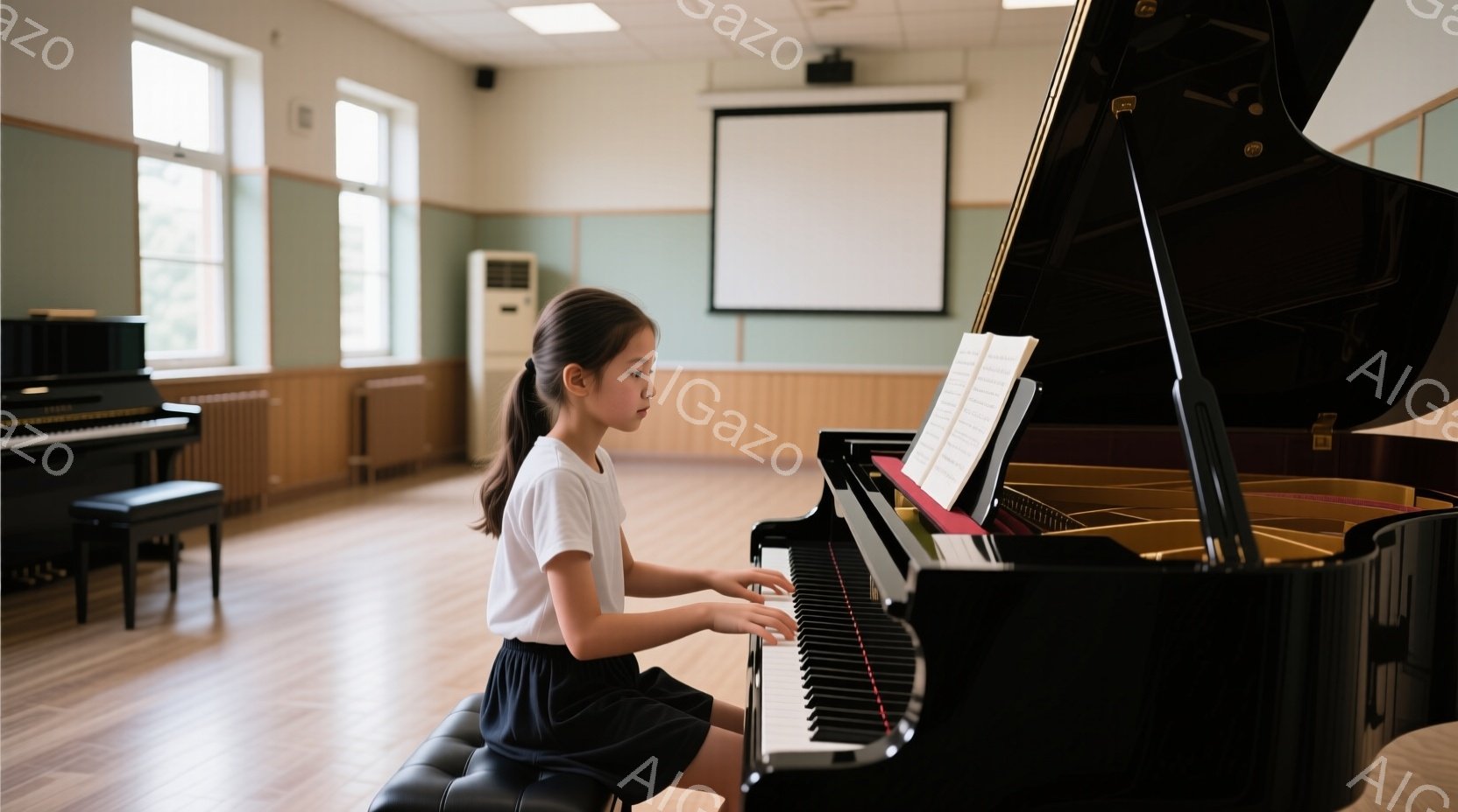 茶髪を後ろで一つに結んだ少女が、黒いグランドピアノを弾いています。白いTシャツと黒いスカートを着ており、集中した表情で鍵盤を見つめています。背景には、他のピアノと白い壁があり、明るく静かな音楽教室の雰囲気です。