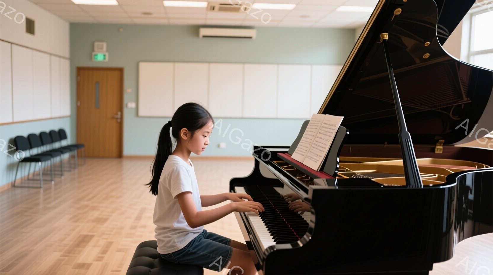 少女がグランドピアノを弾いています。彼女は白いTシャツと短いデニムパンツを着ており、髪は後ろで一つに結ばれています。明るい部屋には木製の床があり、背景には黒い椅子が並び、壁は淡い水色です。 - AI生成フリー素材