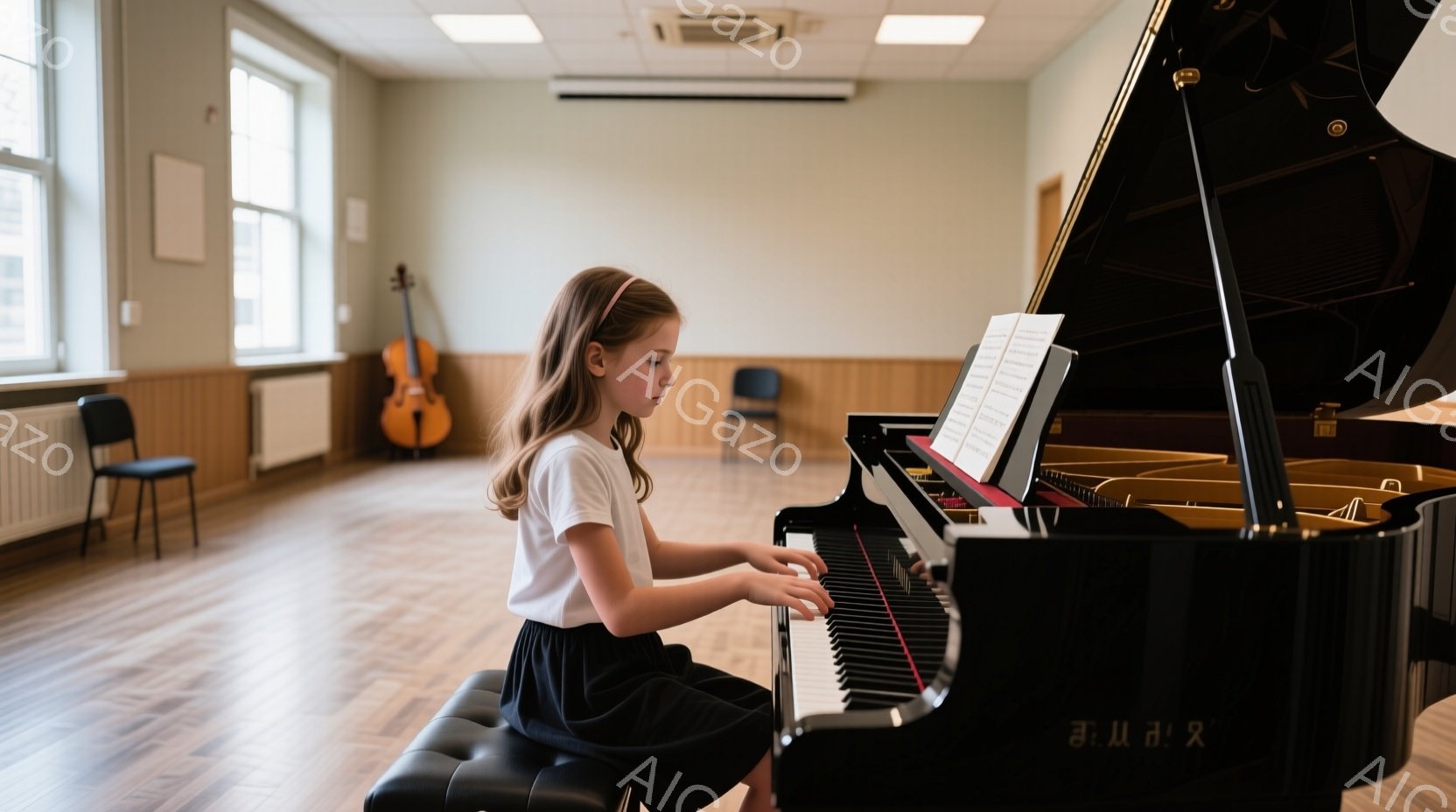 少女が黒いピアノを弾いています。彼女は白いTシャツと黒いスカートを着ており、髪は後ろで一つに結ばれています。明るい部屋の中、窓から光が差し込み、背景にはバイオリンと椅子が見えます。