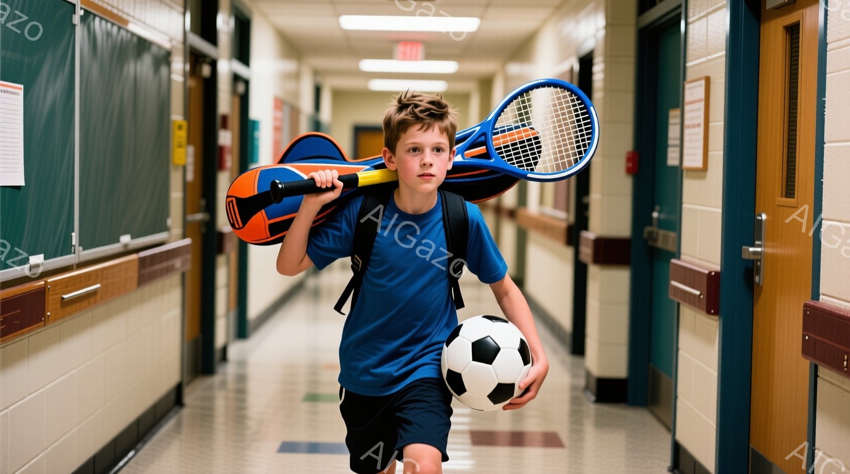 若い少年が廊下を歩いており、テニスラケットとサッカーボールを持っています。青いTシャツと黒いショートパンツを着ており、髪は短く明るい茶色で、少し困ったような表情をしています。背景は学校の廊下で、壁は薄い緑色、床はグレー、そしてドアがいくつか見えます。