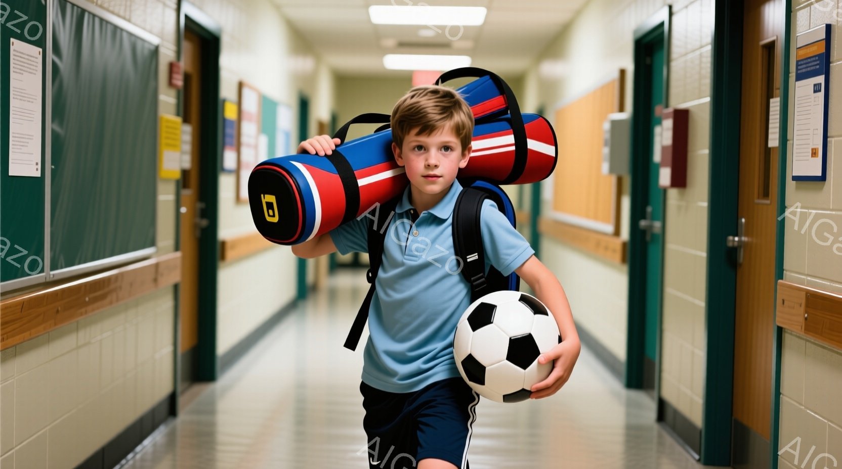 若い少年がサッカーボールとバッグを抱えて学校の廊下を歩いている。彼は水色のポロシャツ、紺色の短パン、そして短いブロンドヘアで、少し真剣な表情をしている。廊下はベージュと茶色のタイルで、ドアが並び、全体 - AI生成フリー素材