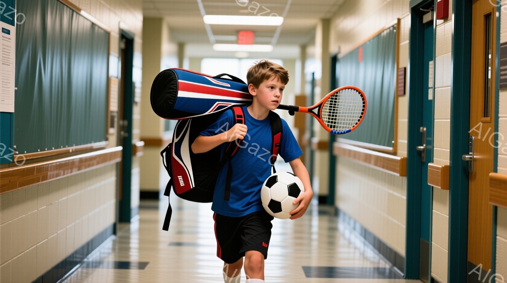 青いTシャツと黒いショーツを着た少年が、廊下を歩いています。彼はテニスラケットが入った大きなバッグとサッカーボールを持っており、少し疲れたような表情をしています。背景は学校の廊下で、壁は茶色とクリーム色のタイルで覆われ、所々にドアがあります。