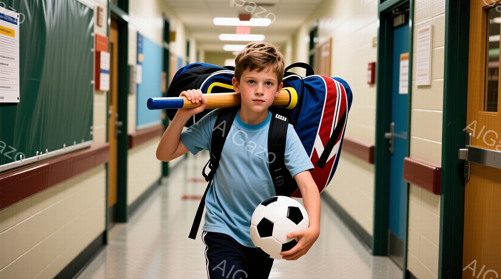 若い少年がサッカーボールと大きなスポーツバッグを抱えて廊下を歩いている。彼は水色のTシャツに黒い短パン姿で、少し無表情な顔をしている。背景は学校の廊下で、壁はクリーム色、床は薄い灰色で、シンプルで清潔感のある雰囲気である。
