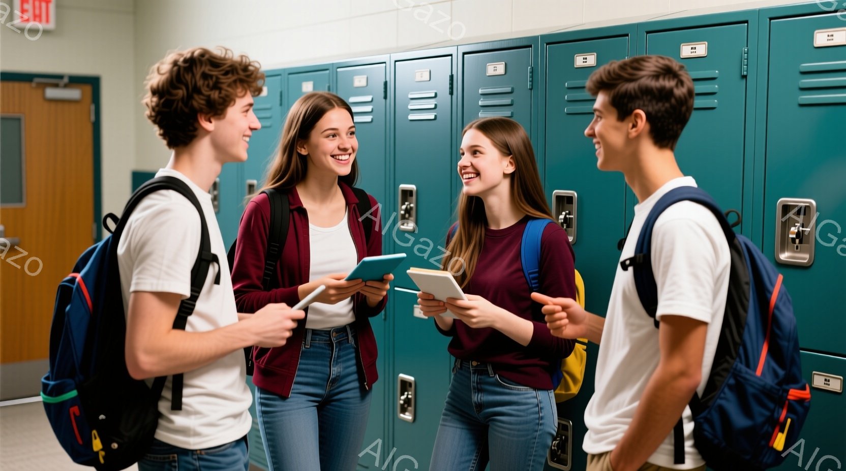 廊下のロッカーの前で、二人の少年と二人の少女が笑顔で話しています。少年はどちらもリュックサックを背負い、カジュアルなTシャツとジーンズ姿で、髪は短く、表情は明るいです。少女はどちらも赤紫色のトップスとジーンズを着用し、片手にタブレット端末を持ち、楽しそうに会話しています。