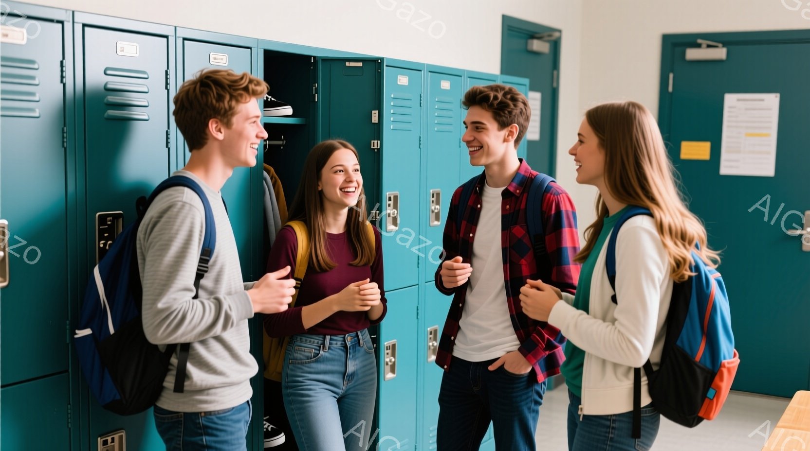 廊下のロッカーの前に、若い男女が二人ずつ向かい合って立っている。男性は一人、グレーのセーターとジーンズを着用し、もう一人は白いTシャツにチェックのシャツ、ジーンズを身に着けている。女性はそれぞれ、紫色のトップスとブルーのトップスを着用し、共にジーンズを合わせている。