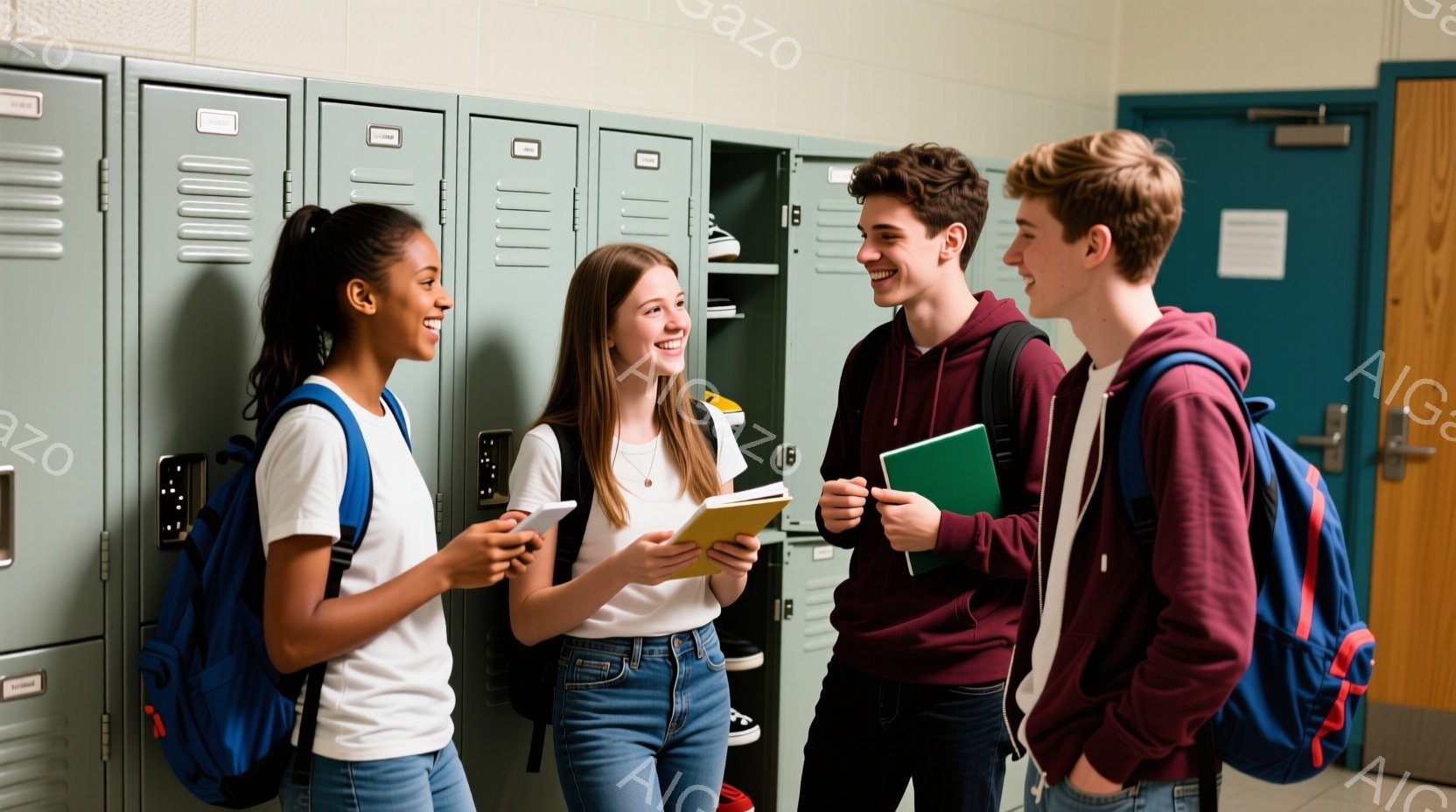 廊下のロッカーの前で、四人の十代の若者が立って話しています。女性は肩にバックパックを背負い、明るい笑顔を浮かべ、手に本を持っています。男性たちはそれぞれバックパックを背負い、本やノートを持ち、友好的な表情で楽しそうに会話しています。
