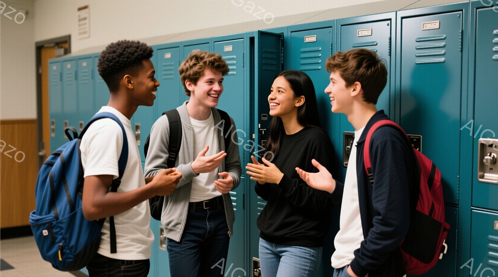 廊下のロッカーの前で、四人の若い学生が話しています。彼らは皆バックパックを背負い、カジュアルな服装で、明るい笑顔を浮かべています。背景には青いロッカーが並び、高校や学校の廊下の雰囲気です。 - AI生成フリー素材