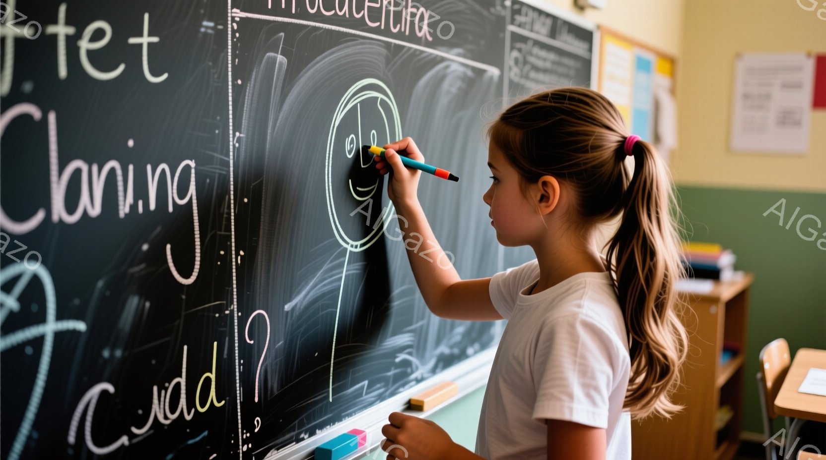 茶髪の少女が黒板に笑顔の顔を描いています。彼女は紫色のTシャツを着ており、髪は後ろで高いポニーテールに結ばれています。教室の背景には、他の書き込みや、椅子、そしてポスターが見え、学習環境を表しています。