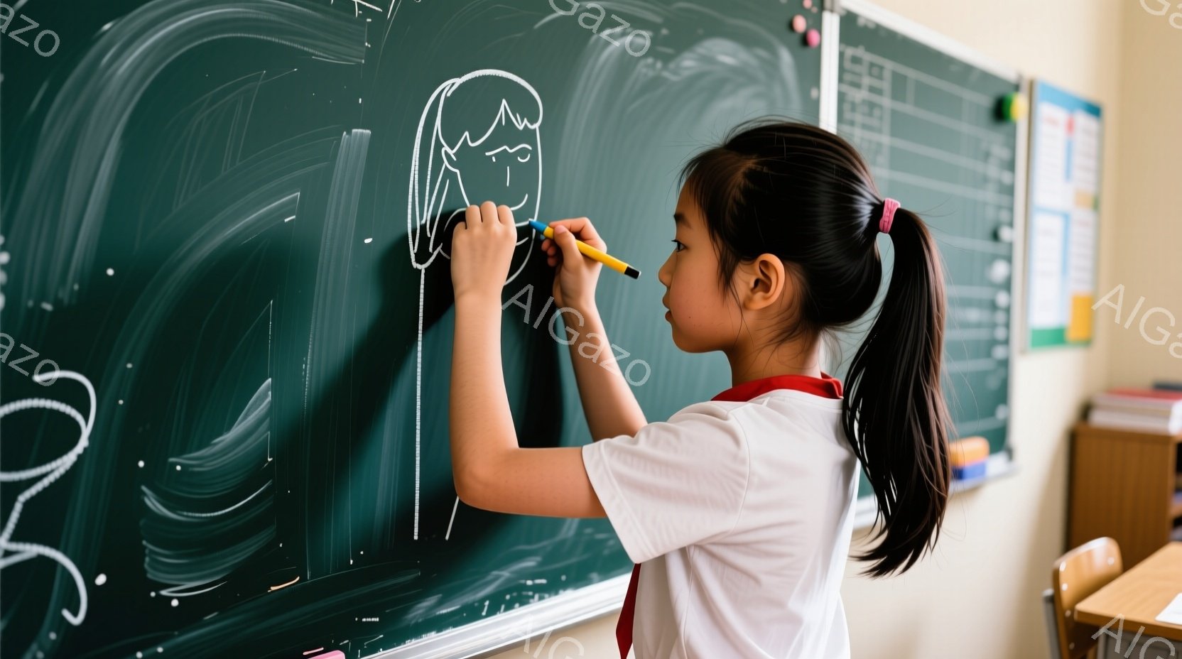 女の子は白いシャツと赤いネクタイ、そして紺色のスカートを着て、黒板に何かを描いています。彼女は後ろで髪を結び、集中した表情で、右手に黄色のチョークを持って、大きな黒板に人物の絵を描いています。教室の奥には机や椅子が見え、学習環境を示しています。