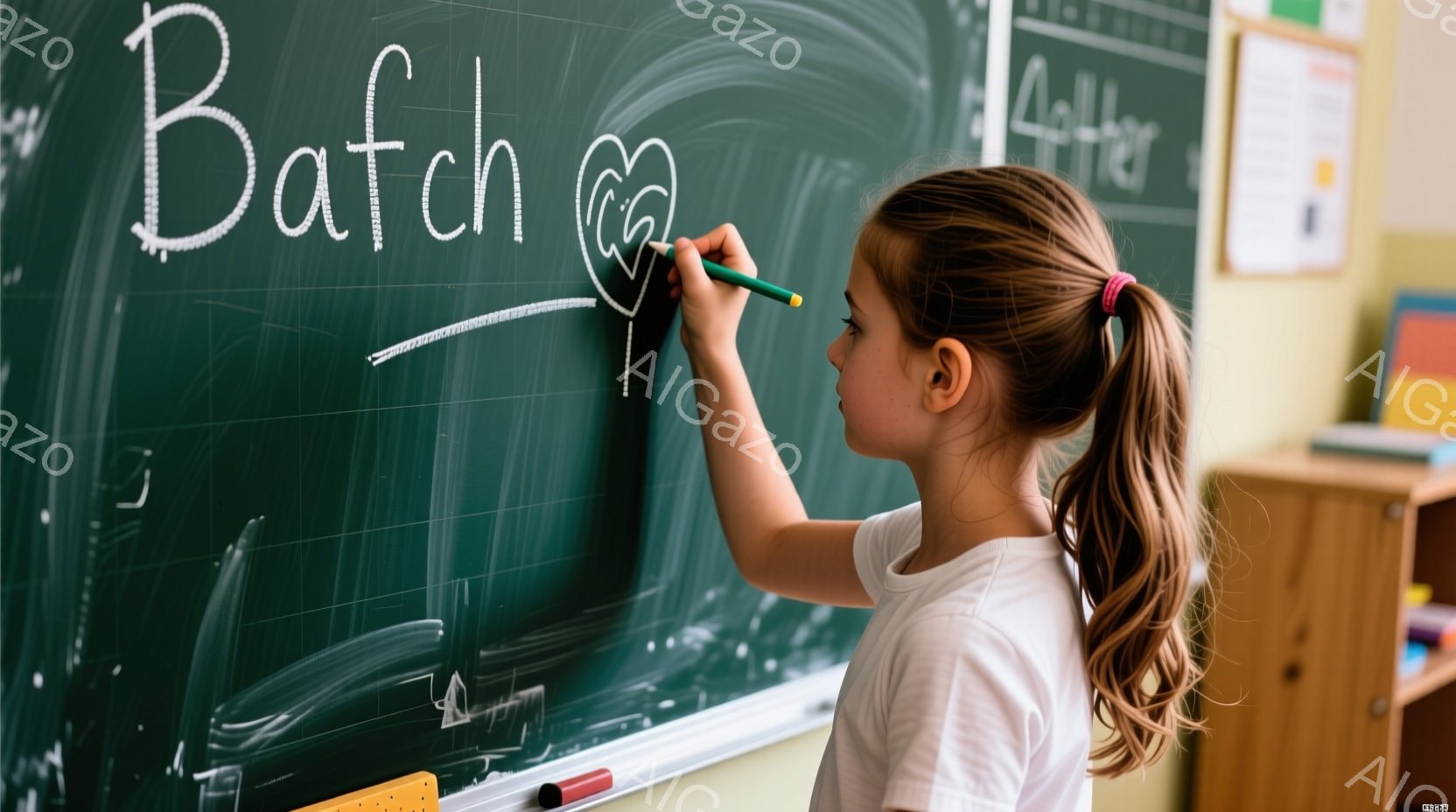 茶色の髪をポニーテールにした少女が、黒板に白いチョークで文字を書き込んでいます。白いTシャツを着ており、集中した表情で、少し体をかがめて筆跡をなぞっています。背景には木製のキャビネットと、他の書き込みがいくつか見え、教室のような雰囲気です。