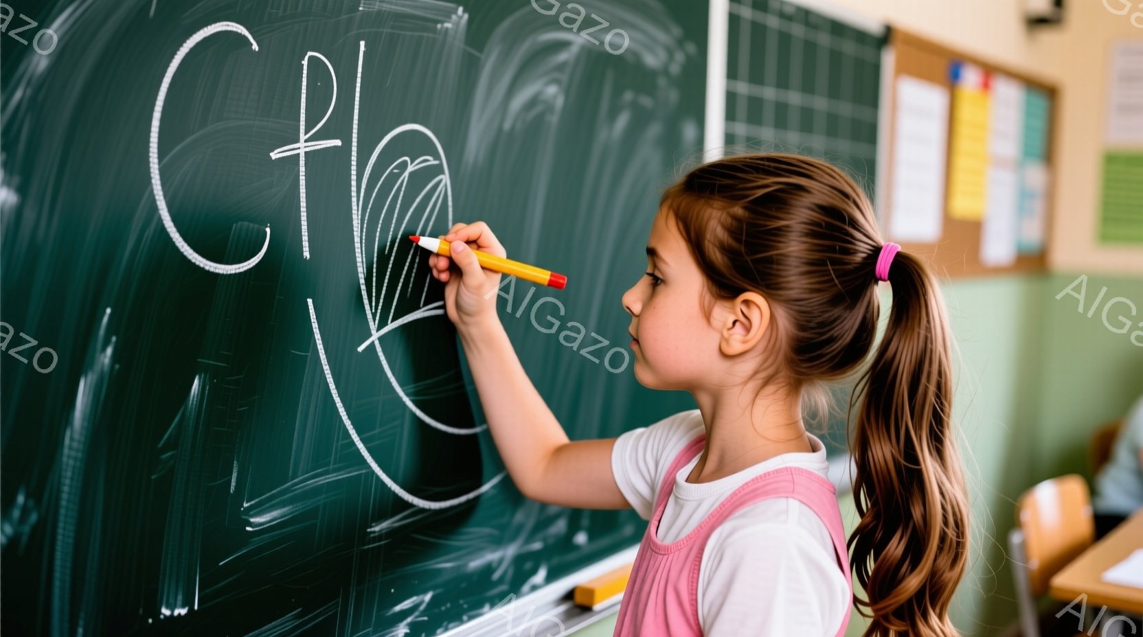 茶色の髪をポニーテールにした少女が、黒板に白いチョークで何かを描いている。ピンク色のオーバーオールと白いシャツを着ており、集中した表情で文字を書き進めている。背景には、他の生徒の椅子や、掲示板が見え、 - AI生成フリー素材