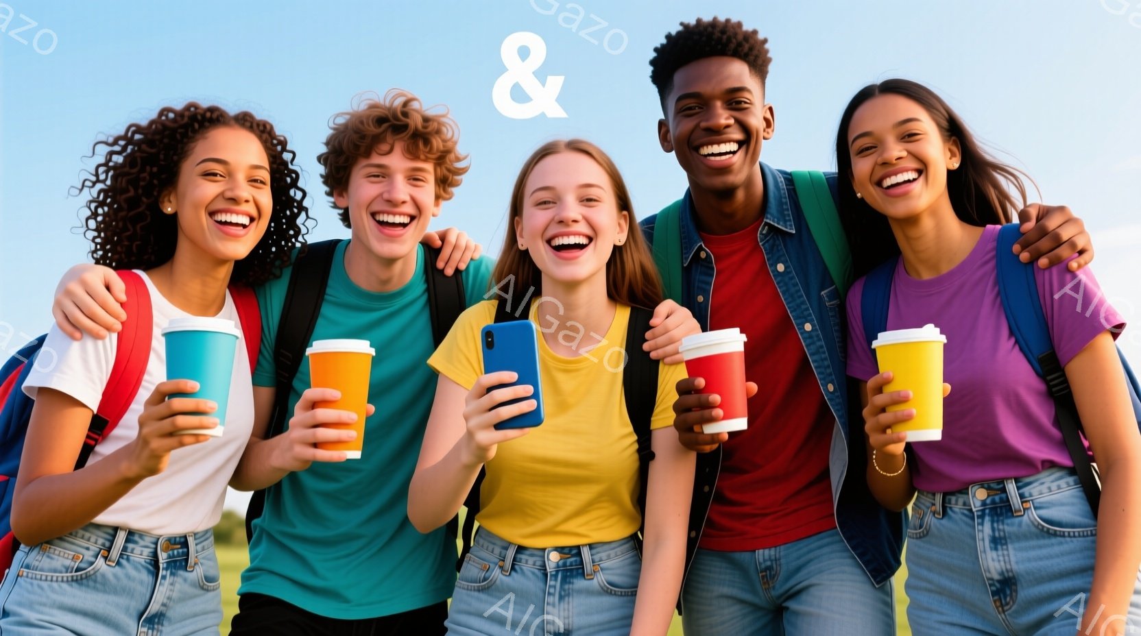 5人の若い男女が並んで笑顔で写っており、それぞれ紙コップやスマートフォンを持っています。彼らはカジュアルな服装で、明るい色のTシャツやジーンズを着用し、バックパックを背負っています。背景は緑豊かな草地で、晴れた空が広がっており、全体的に活気があり、楽しげな雰囲気が漂っています。