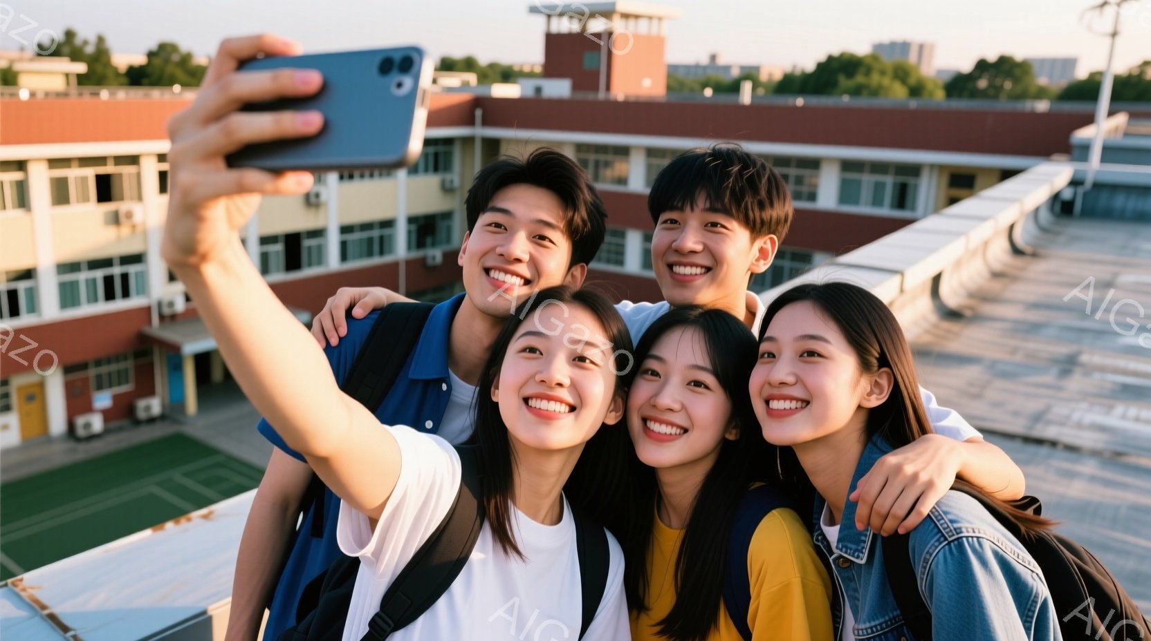 五人の若い男女が、建物の屋上らしき場所でセルフィーを撮っています。全員笑顔で、肩を寄せ合って親しげな様子です。背景には建物と青空が見え、晴れた日の暖かい雰囲気が伝わってきます。 - AI生成フリー素材