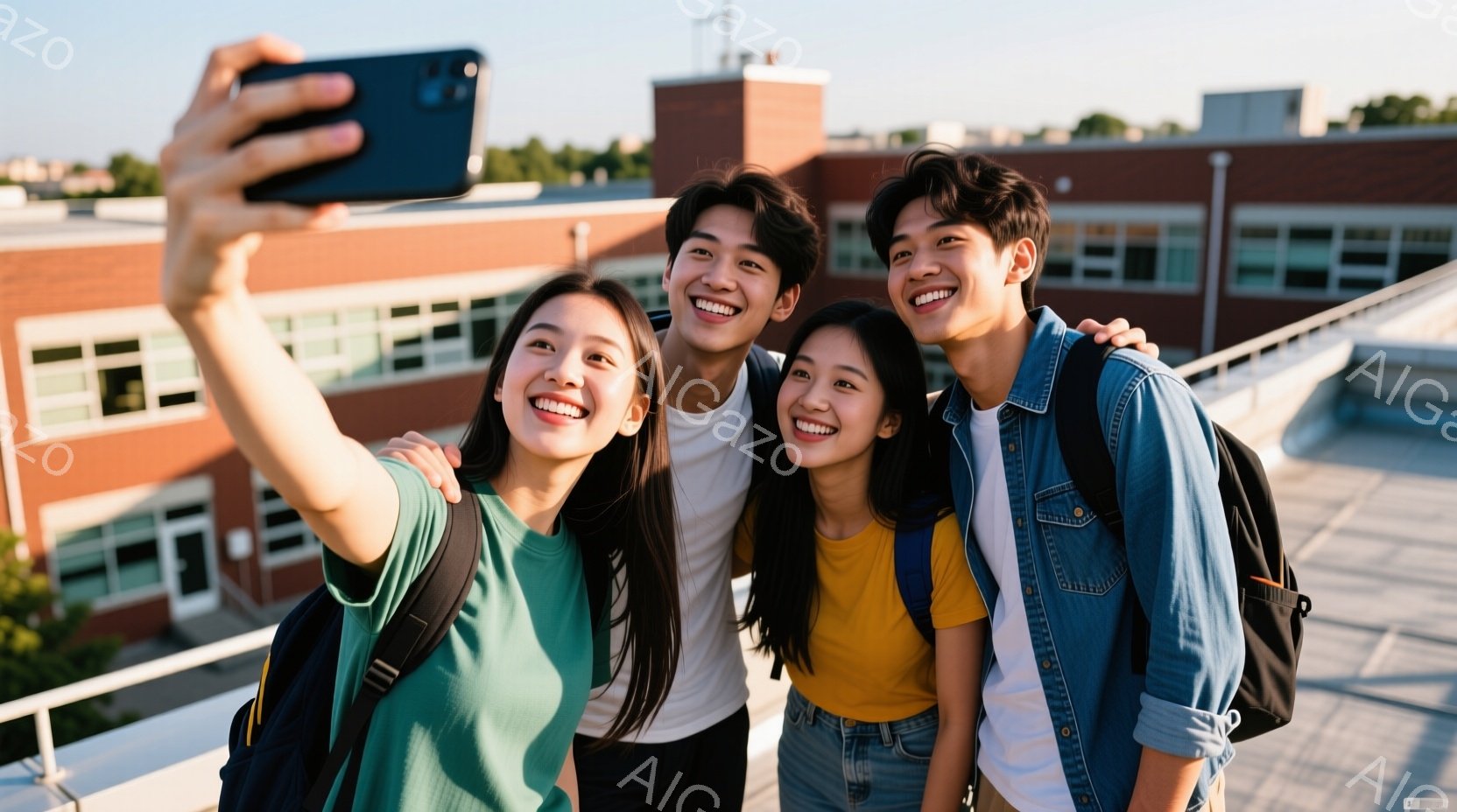 若い男女4人が肩を寄せ合い、自撮りをしている写真です。全員が笑顔で、カジュアルな服装をしています。背景にはレンガ造りの建物が見え、晴れた空の下、明るく楽しい雰囲気が伝わってきます。 - AI生成フリー素材