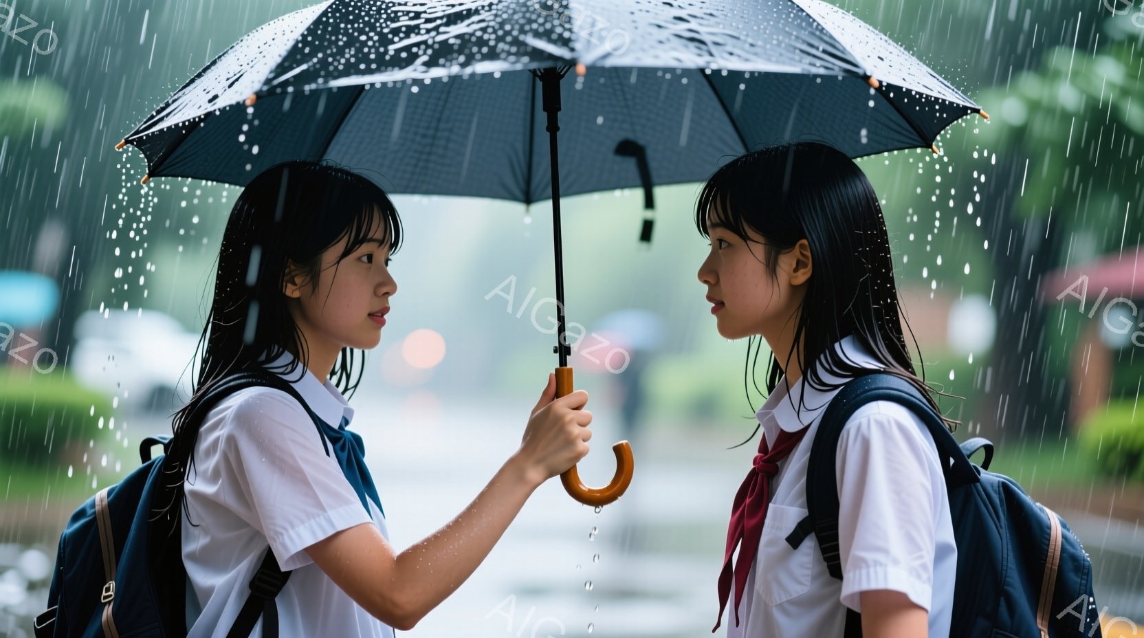 二人の女子学生が雨の中で向き合っている。制服を着ており、髪は肩まで伸びて濡れている。雨粒が強く降り注ぎ、道路が濡れているのが見える。