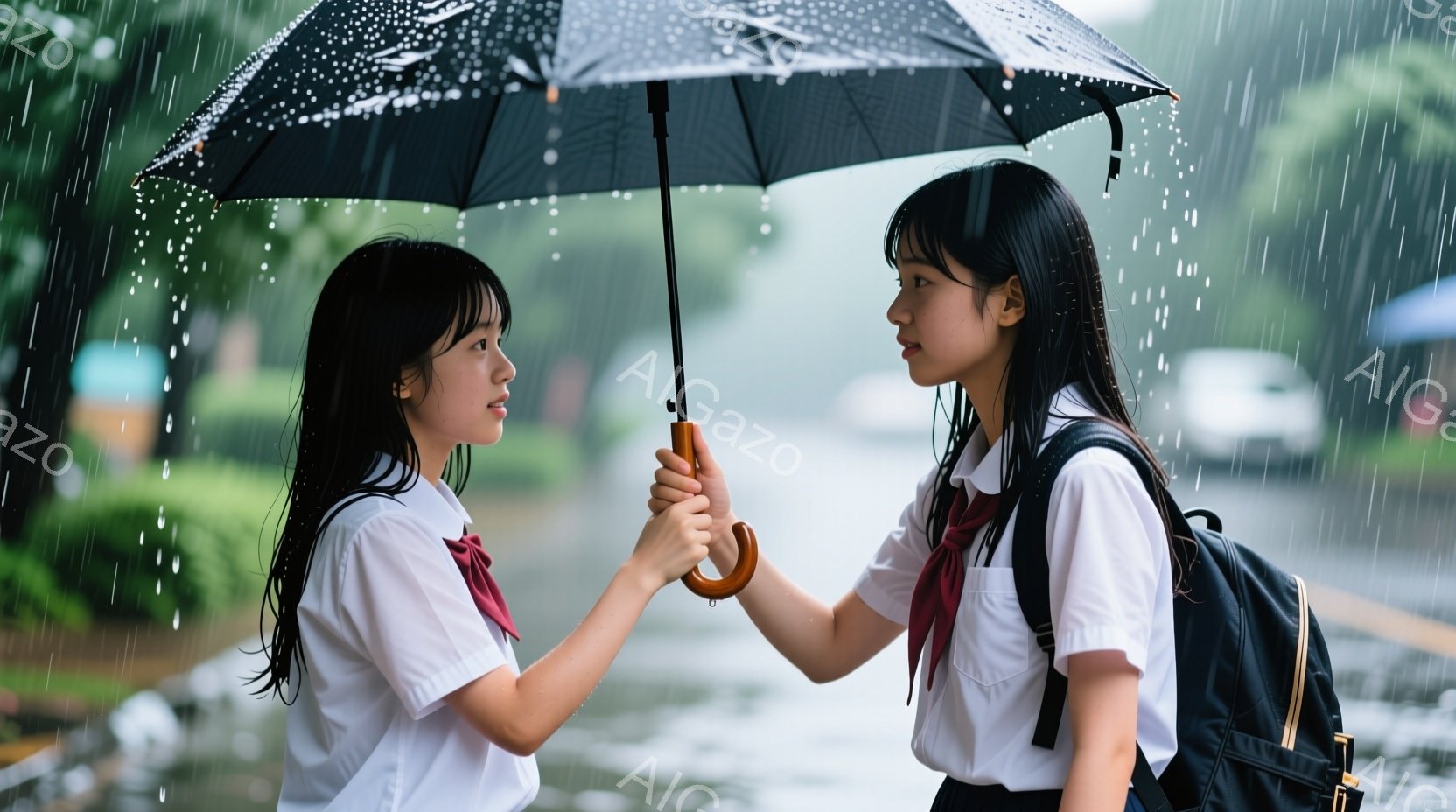 2人の女子高生が雨の中で向き合い、1本の傘を共有している。制服姿で、髪は肩まで伸ばし、前髪は揃っている。背景は住宅街で、雨が降り注ぎ、緑豊かな木々がぼやけて見える、少し寂しげで、親密な雰囲気が漂う。