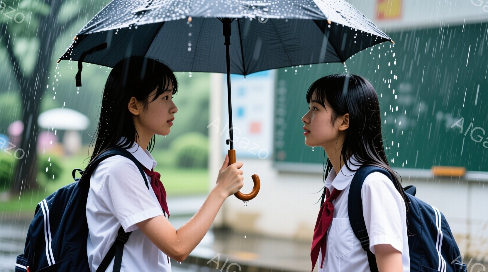 制服姿の二人の女子高生が、雨の中で向き合っている。彼女たちはどちらも黒髪で、白いシャツに赤いネクタイ、そしてリュックサックを背負っている。背景には学校の建物が見え、激しい雨が降っている様子から、少し憂いを帯びた雰囲気が漂っている。