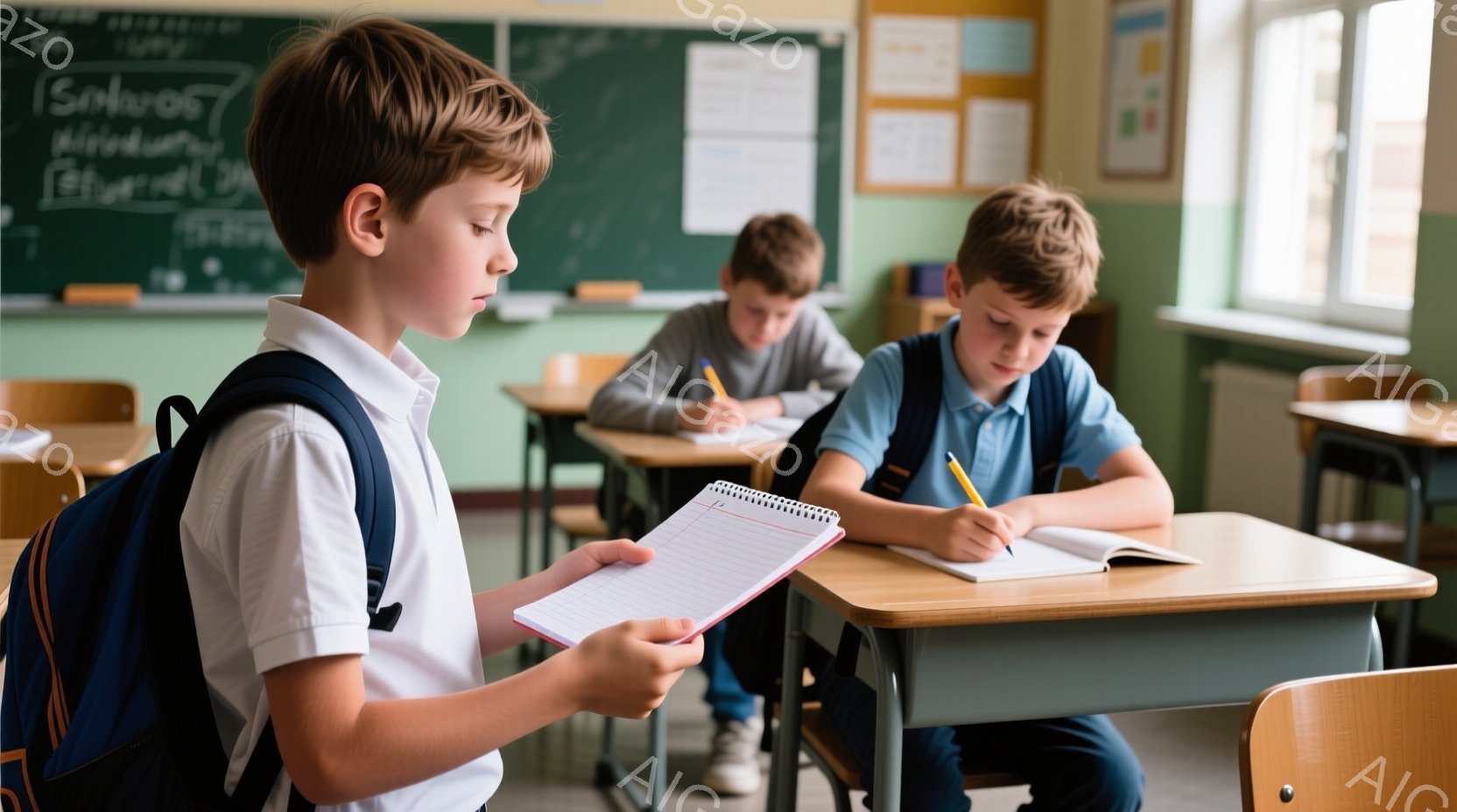 教室で二人の少年が授業を受けている様子が写っている。前方の少年は白いシャツに濃いズボンを着用し、ノートに向かって何かを書いている。奥の少年はグレーのセーターを着ており、テーブルに肘をつきながらも同様にノートに集中している様子で、教室の壁には何らかのポスターや図が貼られている。