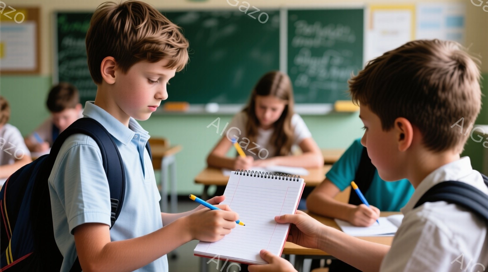 教室で、少年がノートを手に取り、別の少年と見つめ合っている。二人は青いシャツを着ており、前の少年は少し考え込んでいる表情をしている。背景には他の生徒たちが机に向かって勉強しており、明るく学習的な雰囲気が漂っている。