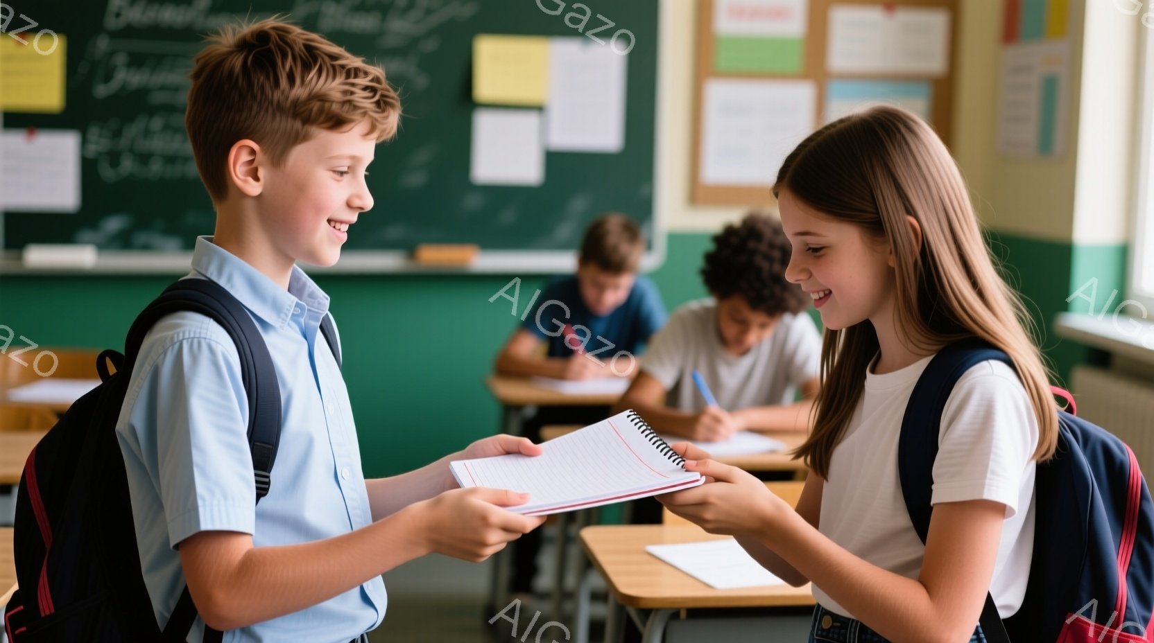 教室で、少年と少女がお互いにノートを交換しています。少年は短髪で、水色のシャツと紺色のズボンを着用し、笑顔でノートを差し出しています。少女は長い茶色の髪をしており、白いTシャツを着て、ノートを受け取りながら微笑んでいます。背景には他の生徒たちが机で勉強している様子が見え、明るく活気のある教室の雰囲気を感じられます。