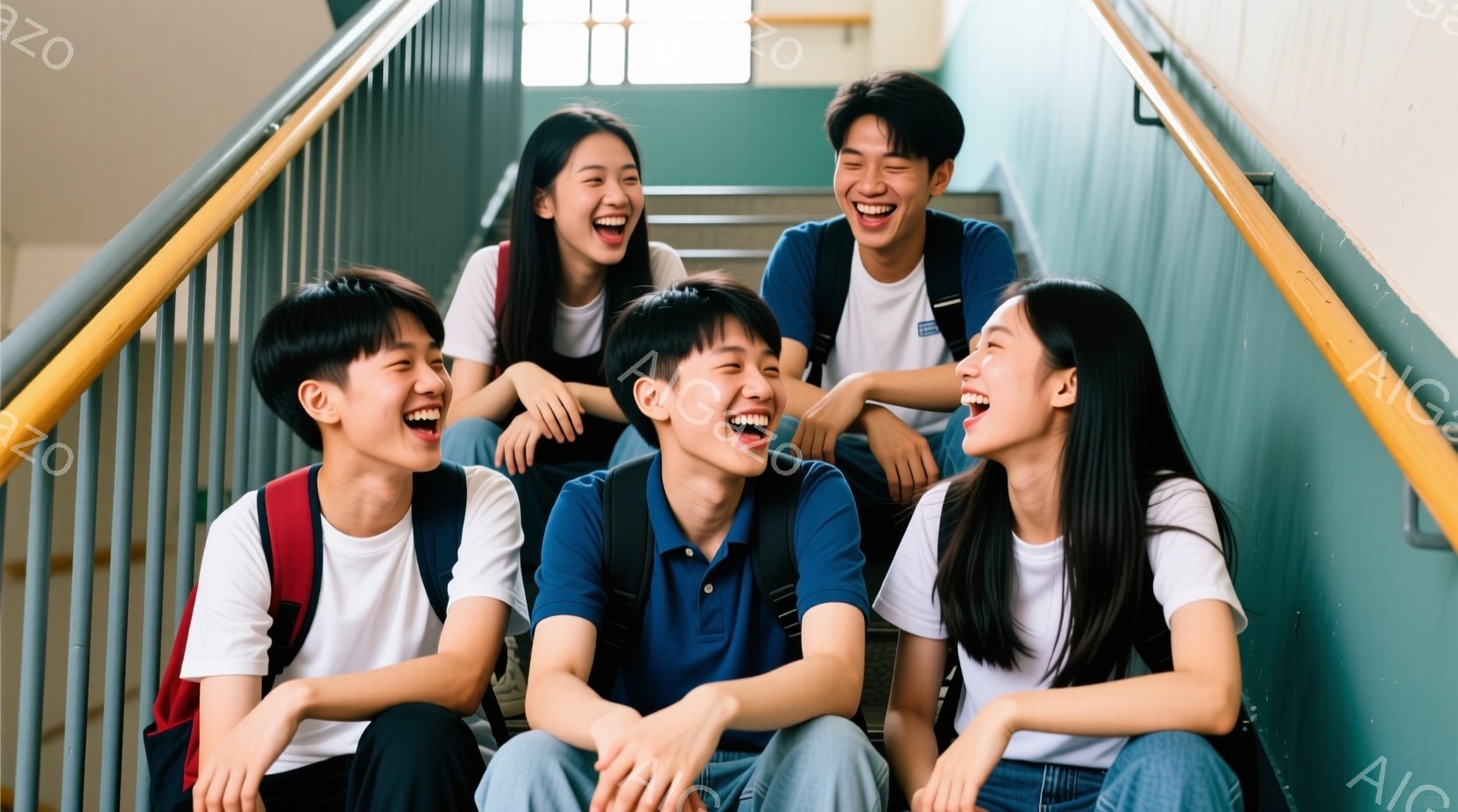 階段に座っている若い男女５人が写っています。彼らは皆、白いTシャツやポロシャツを着ており、リュックサックを背負っています。皆、満面の笑みを浮かべ、楽しそうで活気に満ちた雰囲気が伝わってきます。 - AI生成フリー素材