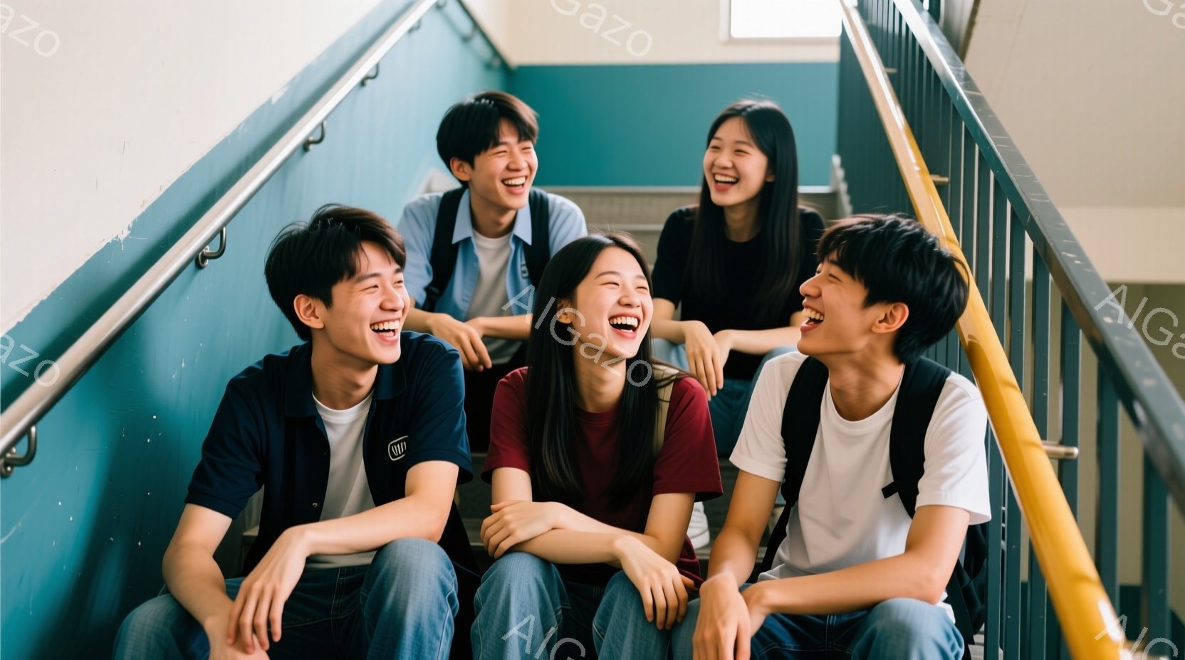 階段に座って笑っている若い男女4人が写っています。男性は紺色と白のシャツを着ており、女性は赤色のトップスを着ています。皆、リュックサックを背負っており、カジュアルな服装でリラックスした雰囲気です。