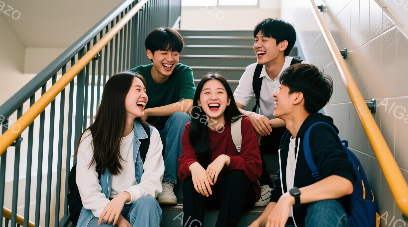 階段に座って笑う若い男女4人が写っています。女性はデニムジャケットと赤いトップス、男性は緑色と白のシャツを着ており、皆カジュアルな服装です。背景はシンプルなコンクリートの階段で、黄色い手すりが設置されており、明るい雰囲気で親しげな様子が伝わってきます。
