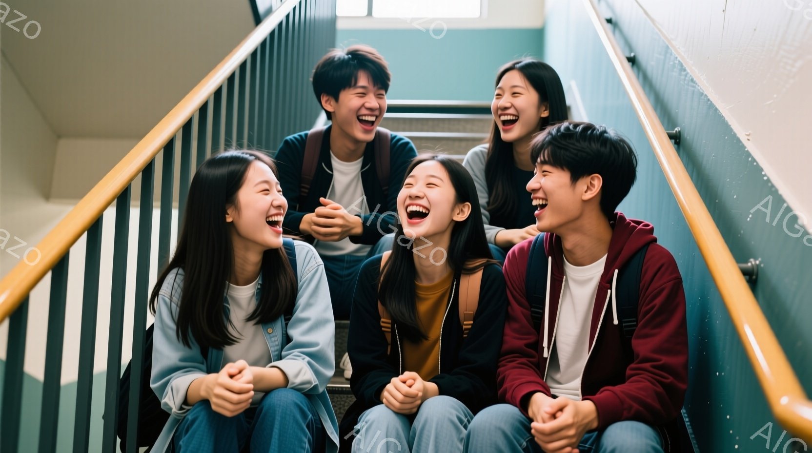階段に座る若い男女５人が写っており、皆笑顔で楽しそうにしている。彼らはカジュアルな服装で、バックパックを背負っていることから、学生かと思われ、明るい陽光が差し込む階段は、学園生活の日常的なシーンを切り取ったように見える。それぞれの髪型も個性的で、リラックスした雰囲気が伝わってくる。