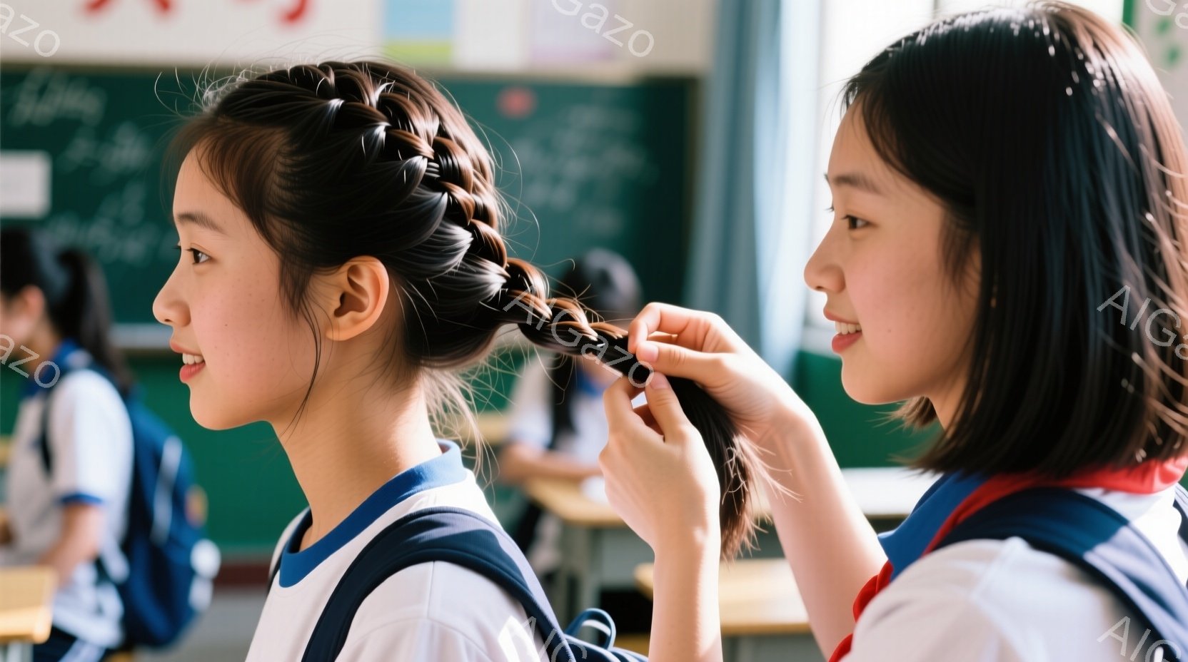 二人の女子高生が教室で髪を結んであげています。片方は三つ編みで、笑顔で横を向いており、もう片方は後ろ髪を丁寧に結んであげています。教室には他の生徒もおり、明るく穏やかな雰囲気です。