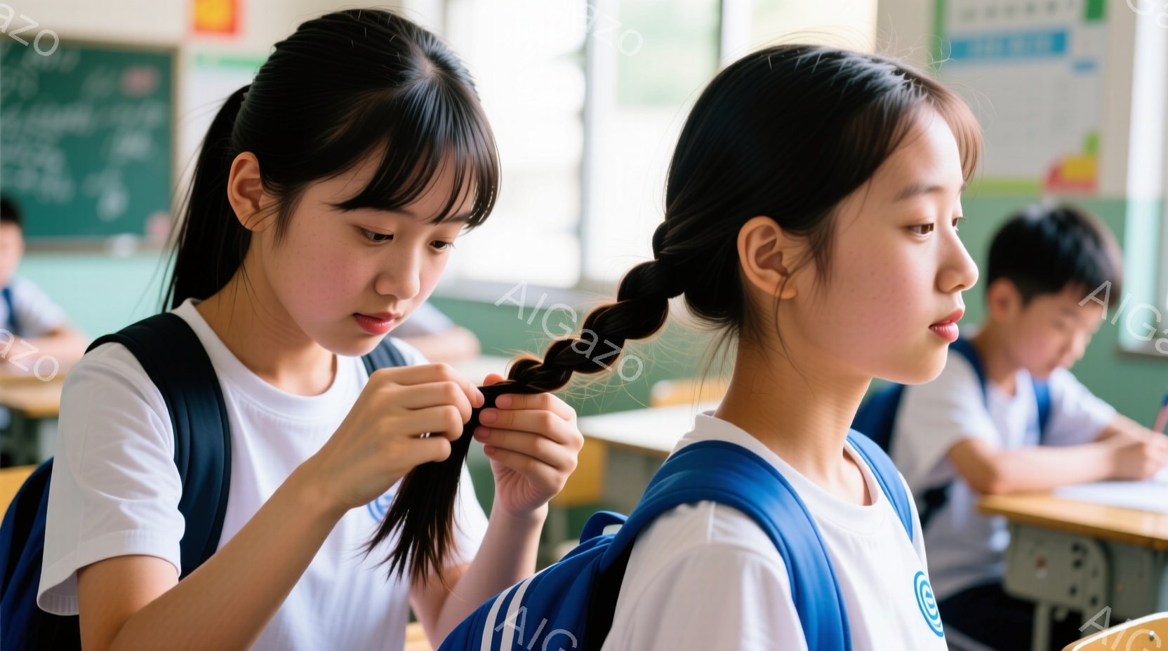 紺色のブレザーと白いシャツの制服を着た女子生徒が、互いの髪を結んでいます。一人は後ろで、もう一人は正面を向き、集中した表情で編み込みの仕上げを行っています。教室内の背景には、他の生徒たちや机、そして黒板が見え、学習の日常的な様子がうかがえます。