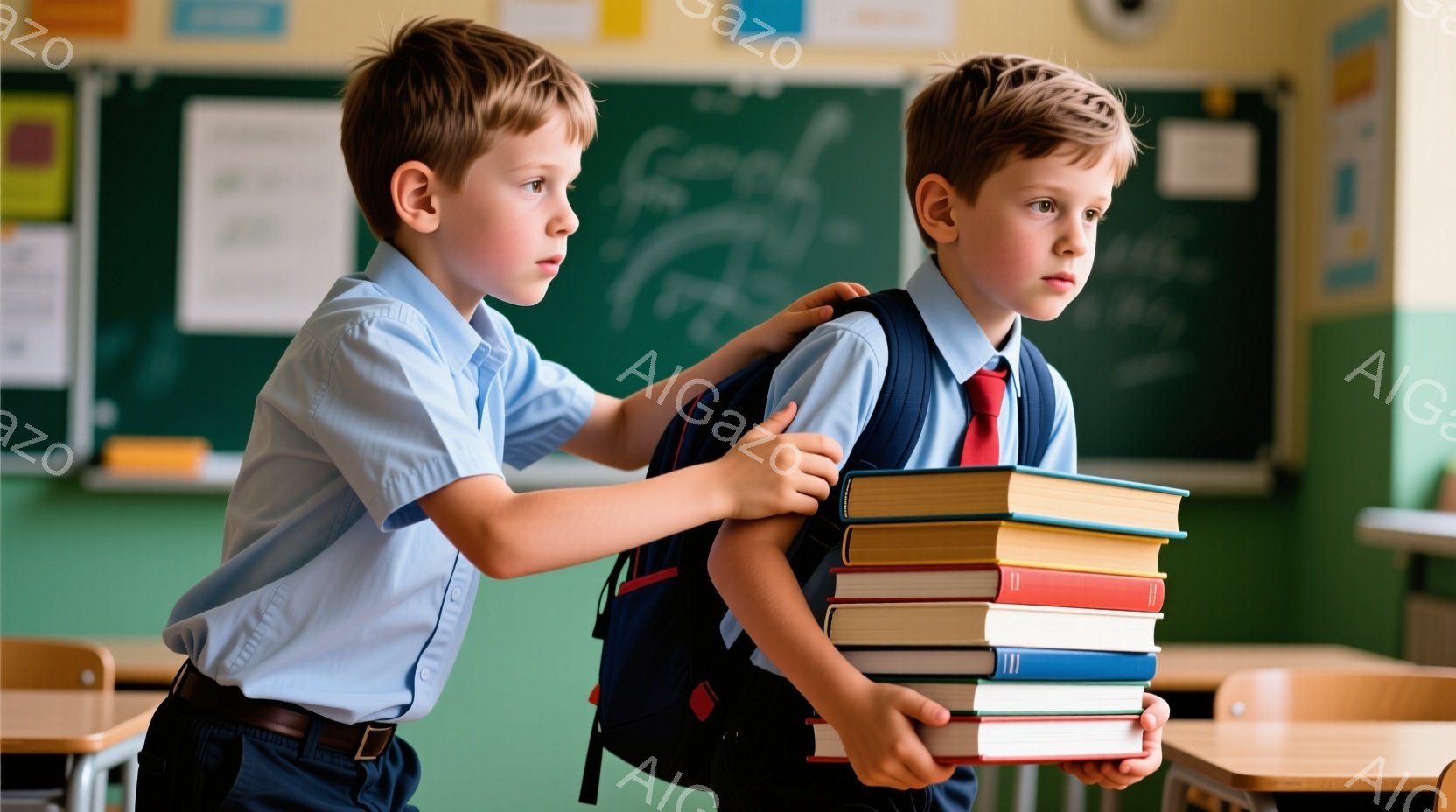 二人の少年が教室にいます。一人は青いシャツにネクタイ、紺色のズボンという制服を着て、背中に本を高く積み重ね、やや疲れた表情をしています。もう一人は同じ制服を着て、本を積んだ少年の肩を軽く支えようとしており、少し心配そうな表情をしています。
