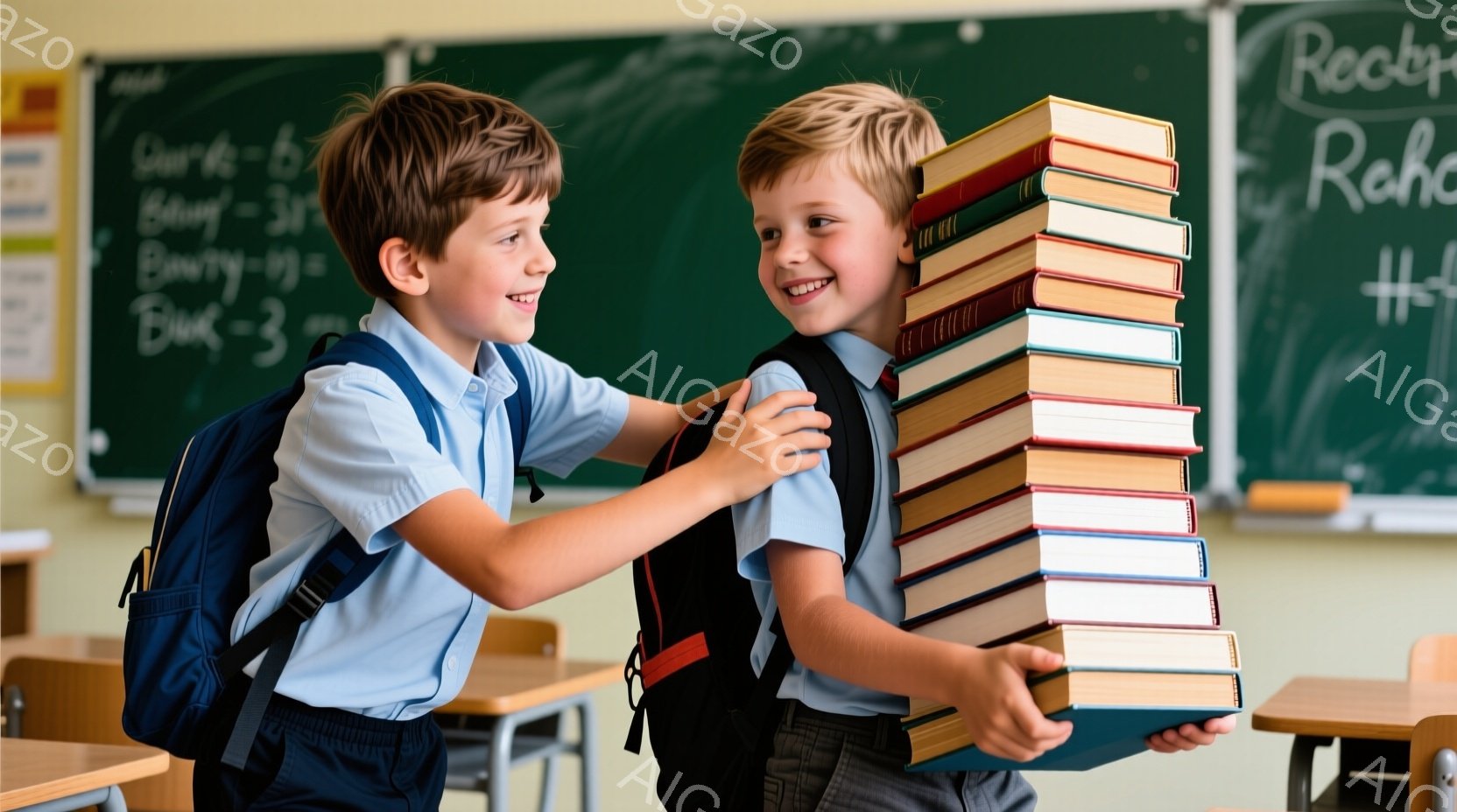 二人の少年が教室で協力して本を運んでいます。少年たちはどちらも青いシャツにグレーのズボンを着用し、リュックサックを背負っています。背景には黒板と机があり、明るく友好的な雰囲気が漂っています。 - AI生成フリー素材