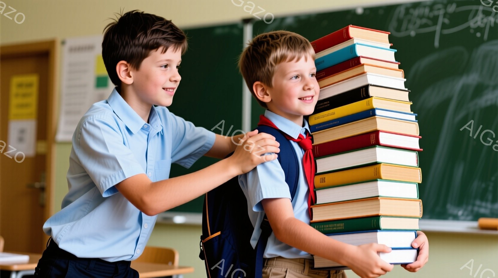 二人の少年が写っており、一人は茶色のズボンと水色のシャツを着て、もう一人は同じ服装に加えて赤いベストを着用しています。片方の少年がもう一方の少年の背中に積み上げられたたくさんの本を背負わせ、両者とも微 - AI生成フリー素材