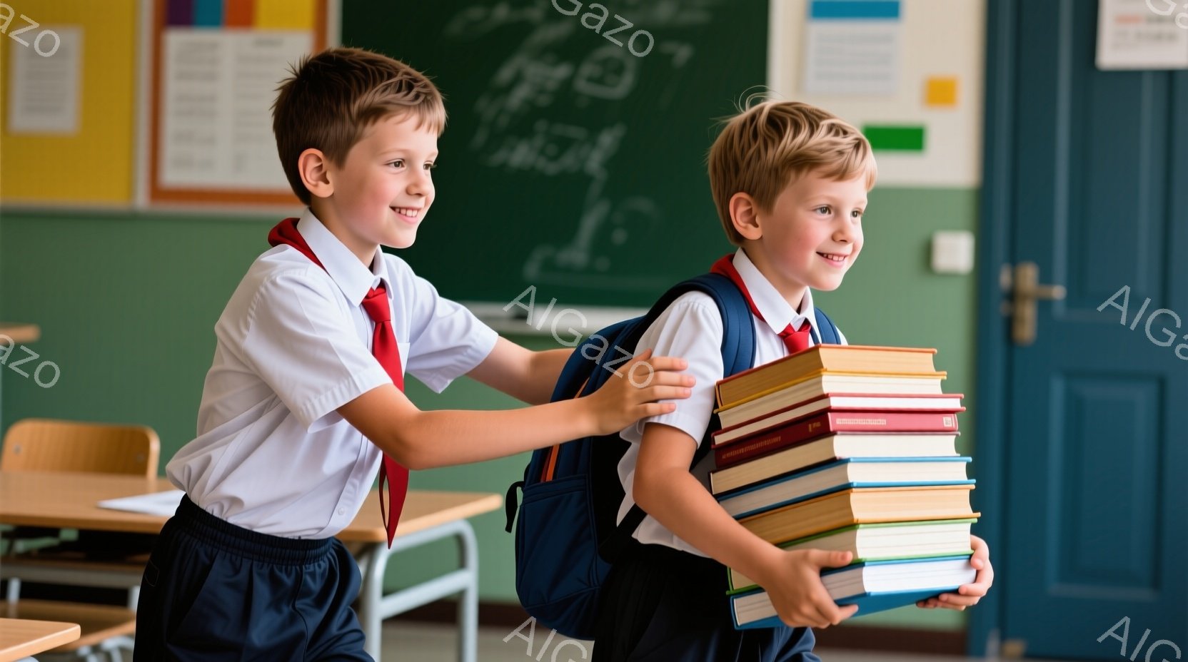 二人の少年が教室で写っている。どちらも紺色の短パンと白いシャツ、赤いネクタイを着用し、片方の少年は大量の本を積んだもう一方の少年の背中に抱きついている。背景には、椅子や黒板のある教室があり、全体的に明るく、遊び心のある雰囲気が漂っている。