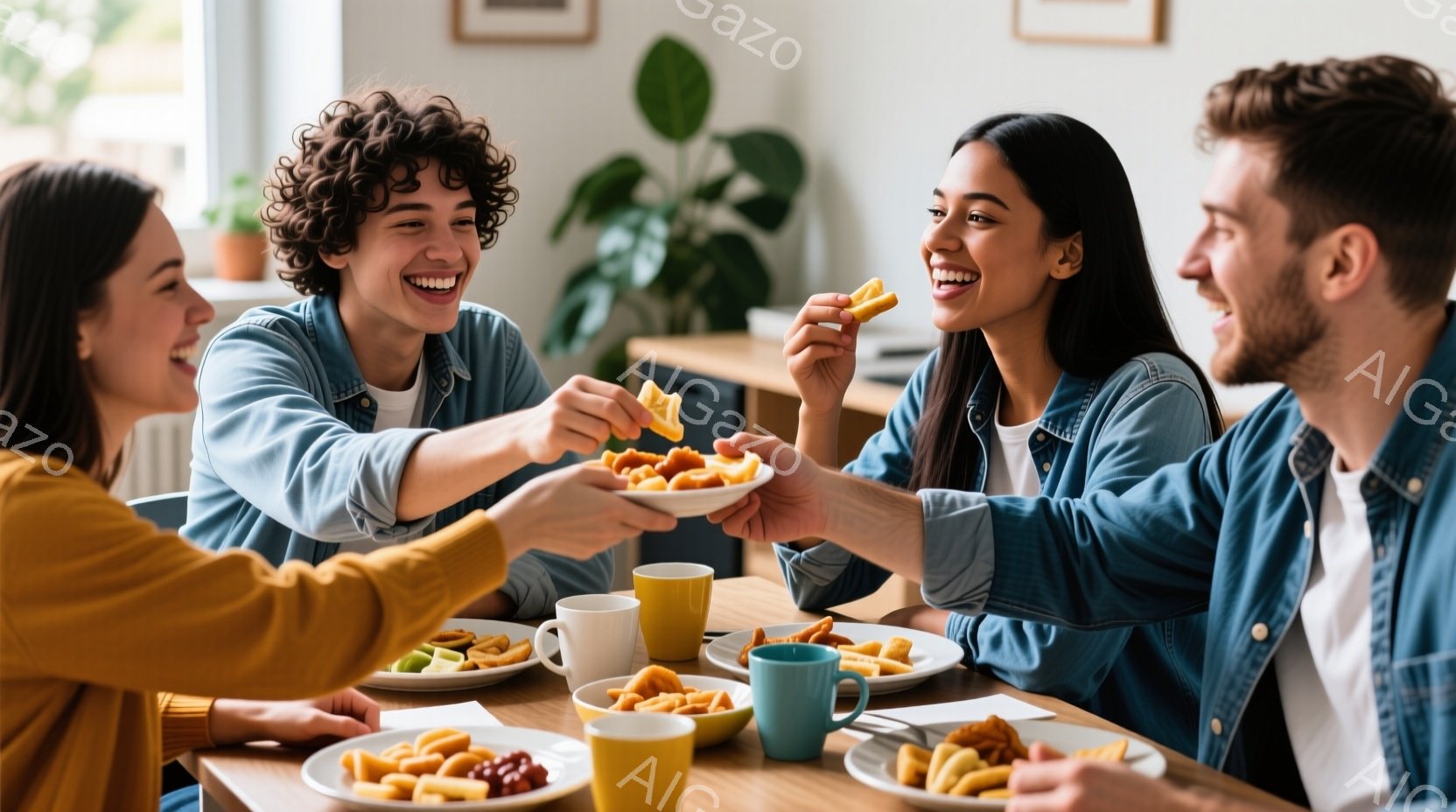暖かく明るい室内で、四人の若い男女が食事を楽しんでいる様子が写っている。彼らは皆カジュアルな服装で、デニムジャケットを着ている者もいる。笑顔を浮かべ、お互いに料理を分け合い、リラックスした楽しい雰囲気 - AI生成フリー素材