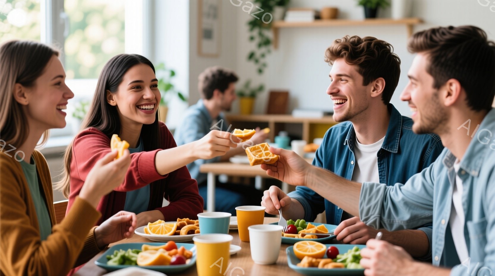 明るい室内で、若い男女が食卓を囲んでいる。オレンジ色のセーターを着た女性が、笑顔でオレンジのスライスを別の男性に差し出しており、彼もまた嬉しそうにそれを受け取ろうとしている。テーブルには果物や飲み物が置かれ、背景には植物が飾られた壁が見える、暖かく親密な雰囲気の食事風景である。