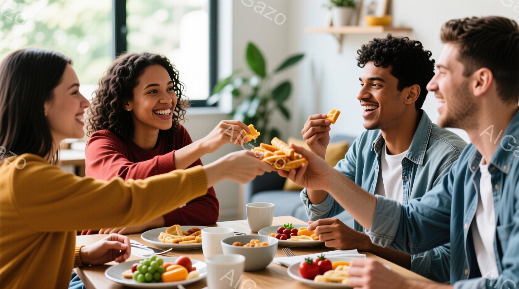 四人の若い男女がテーブルを囲み、食事を楽しんでいる様子が写っている。明るい色の服を着ており、皆笑顔でリラックスした雰囲気である。背景には植物や家具が見え、室内で食事をしていることがわかる。