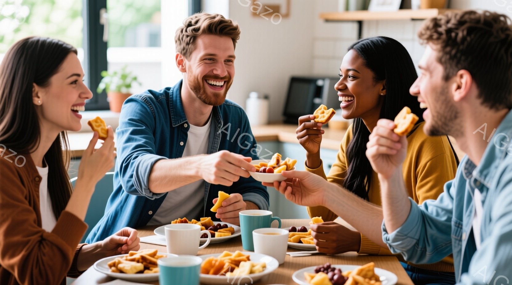 四人の男女がテーブルを囲んで朝食をとっている様子が写っている。男性は明るいブルーのシャツを着ており、女性はブラウンと黄色のセーターを着ている。皆笑顔で楽しそうに食事をしており、背景には植物やキッチン家 - AI生成フリー素材