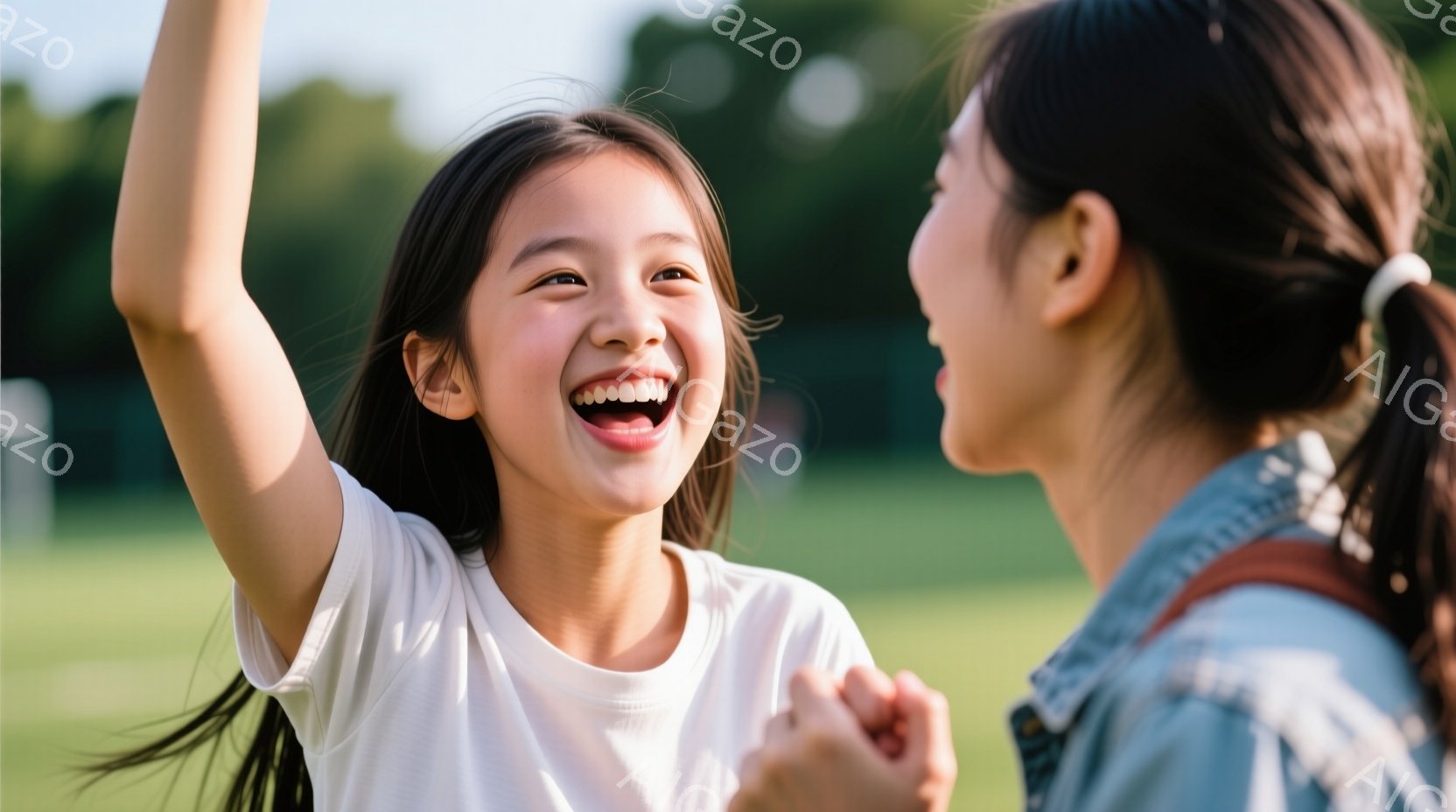 幼い少女が満面の笑みを浮かべ、片手を高く上げて喜んでいます。彼女は白いTシャツを着ており、髪は肩まで伸びて少し乱れています。背景には緑の芝生と木々が見え、晴れた日の屋外で楽しんでいる様子が伝わってきます。